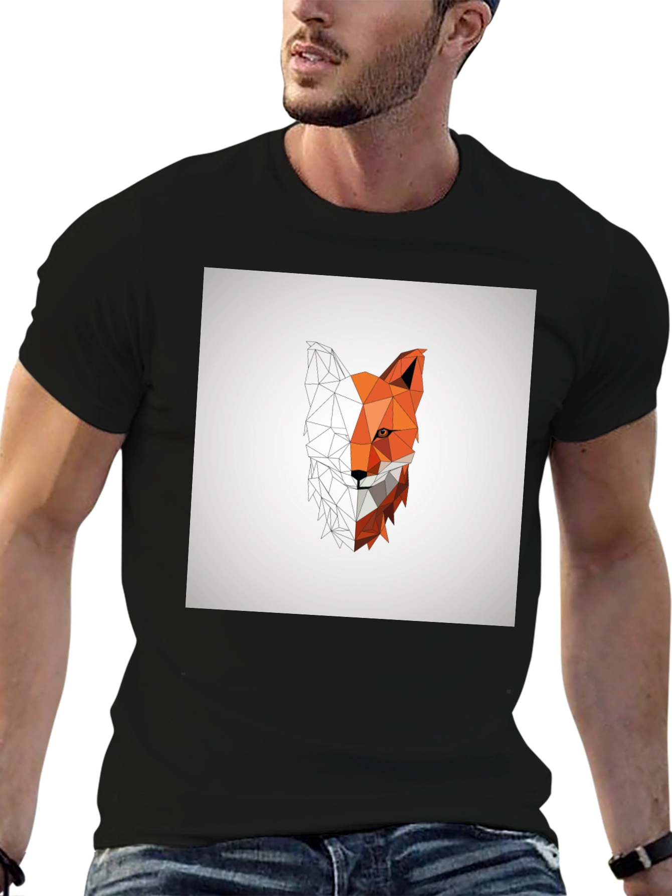 Black Geometric Fox Graphic Tee - Modern Polygon Design view 6