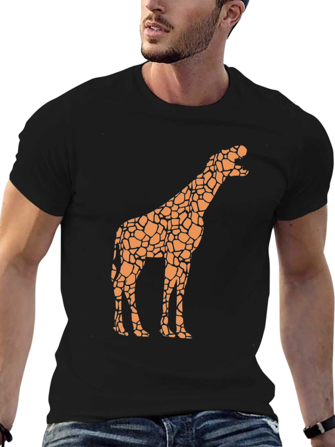 Black Giraffe Print Black T-Shirt - Novelty Design view 6