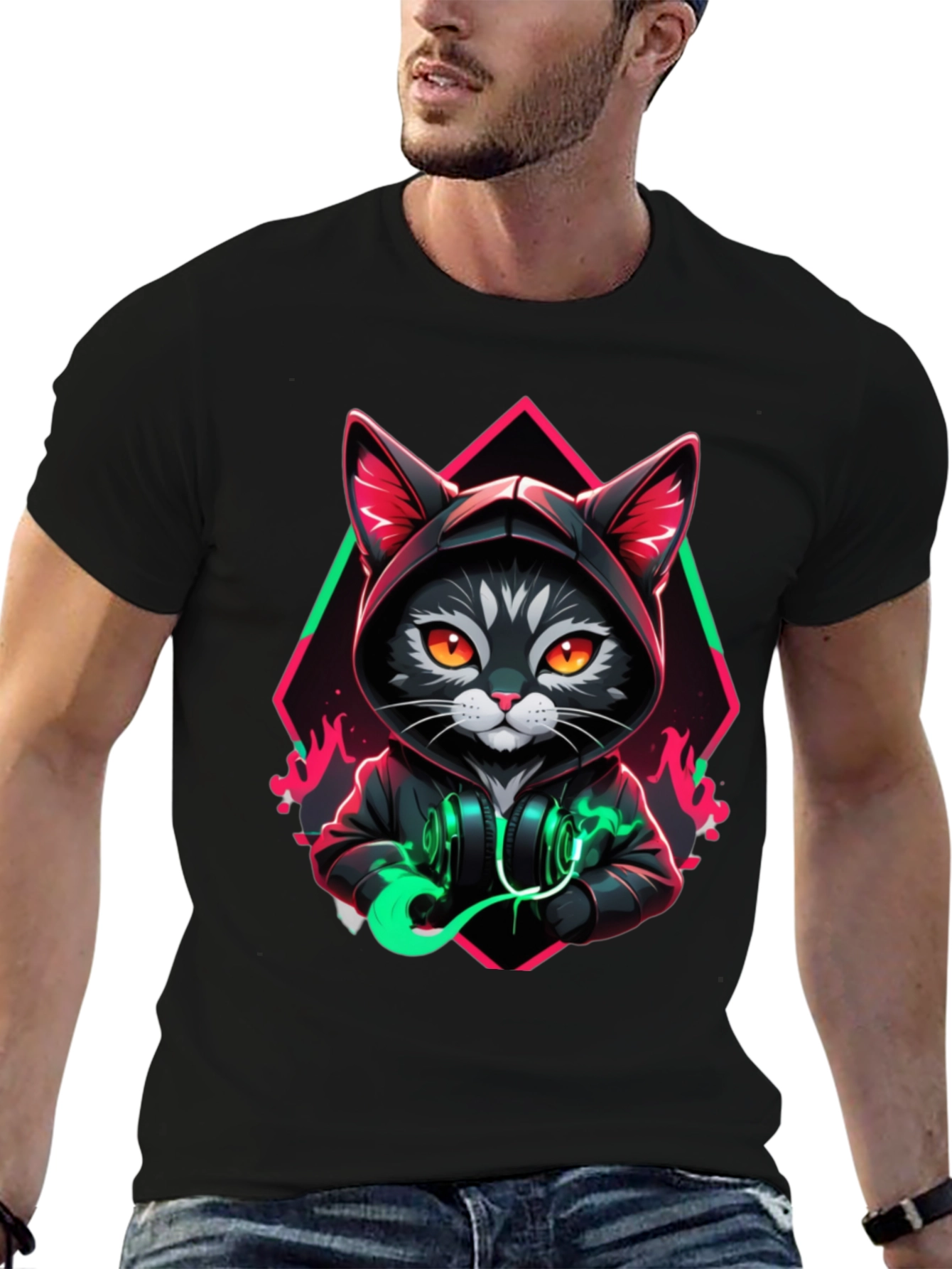 Black Cool Cat Hoodie T-Shirt - Unique Design view 6