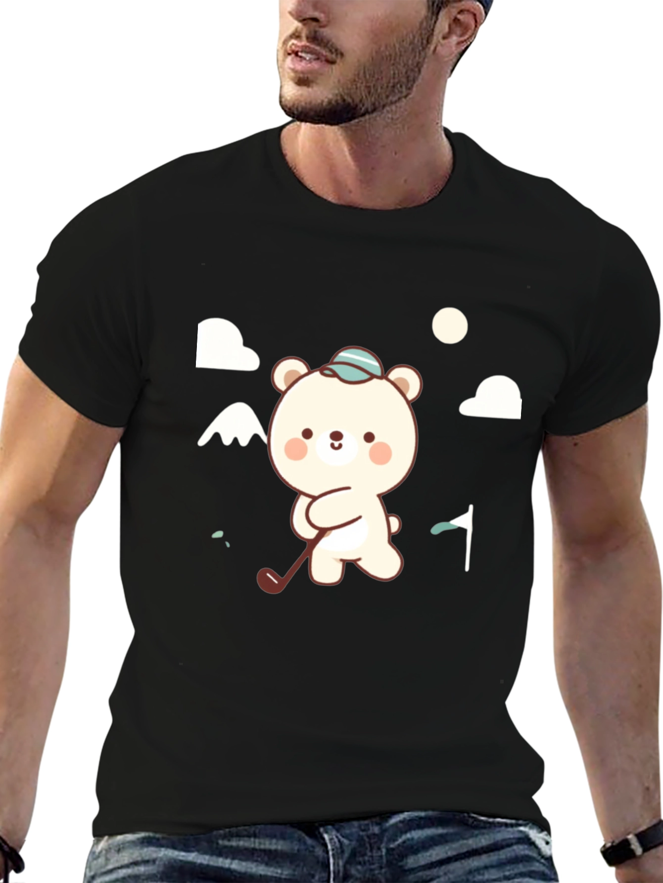 Black Cute Bear Golfing Black Graphic Tee view 6