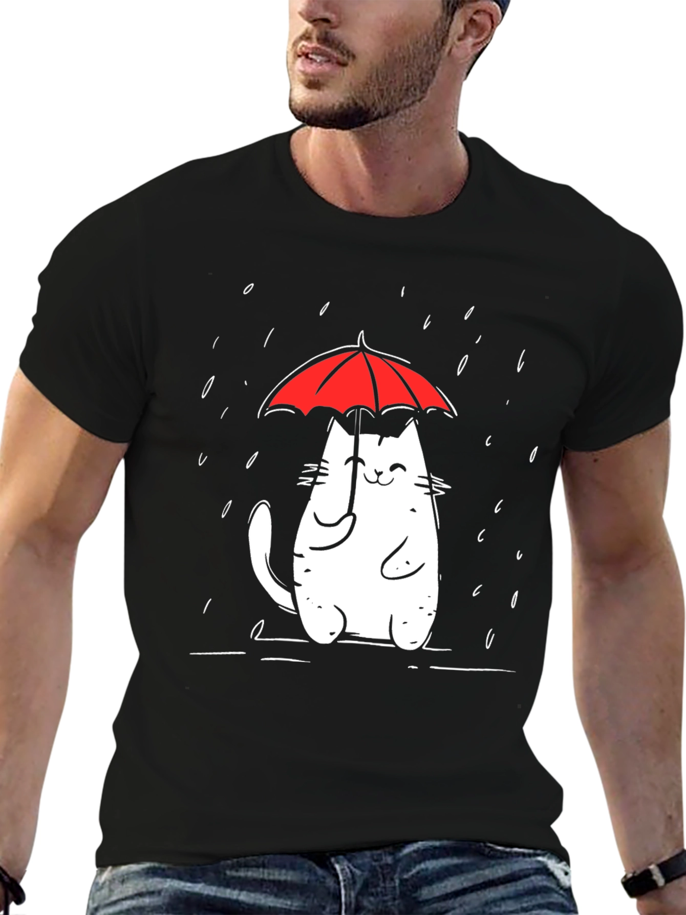 Black Cute Cat Umbrella Graphic Tee - Black Cotton Comfort view 6