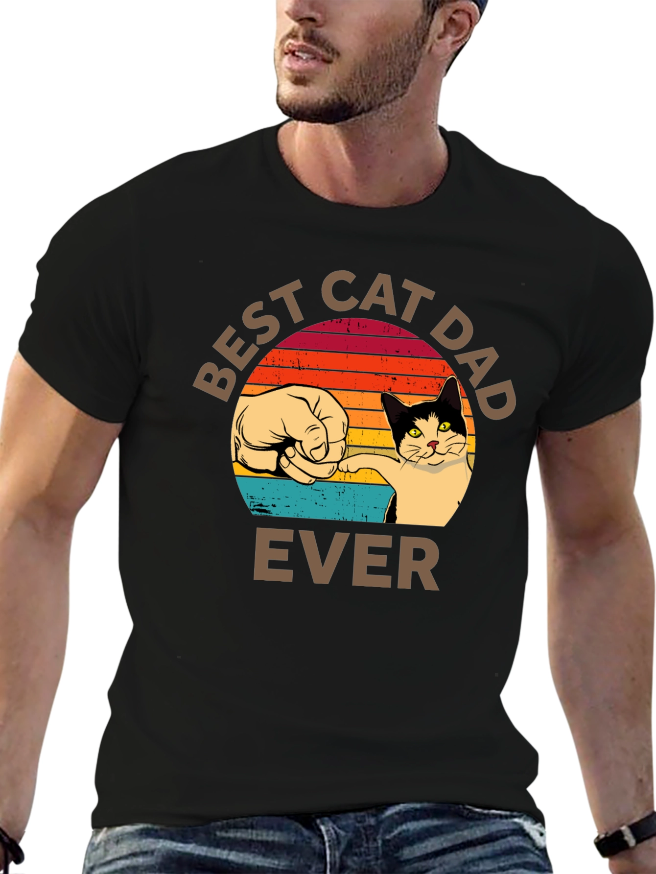 Black Best Cat Dad Ever T-Shirt Retro Sunset view 6