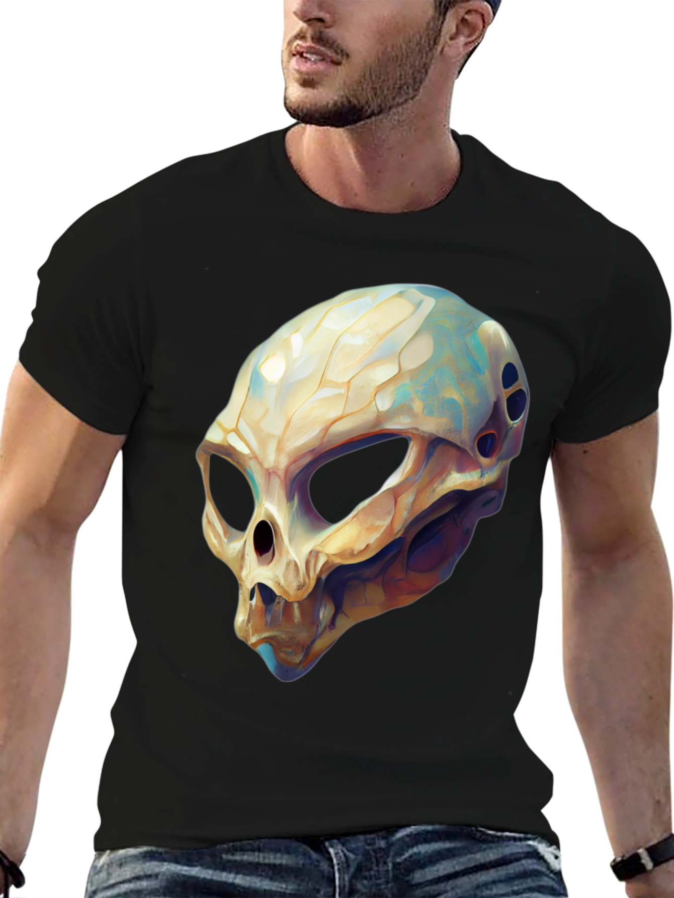 Black Alien Skull Graphic Tee - Black Cotton T-Shirt view 6