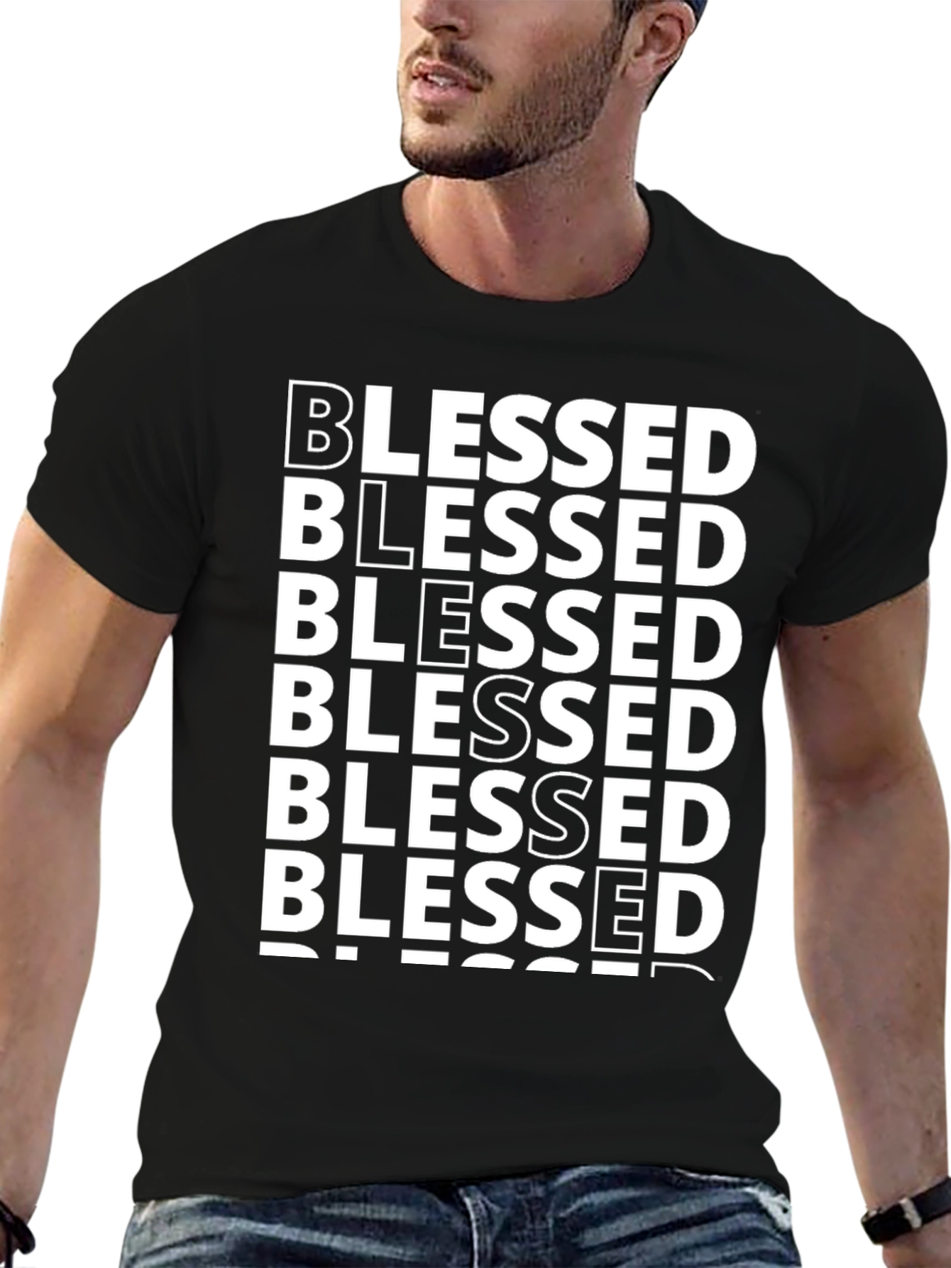 Black Blessed Stacked Text T-Shirt - Black view 6