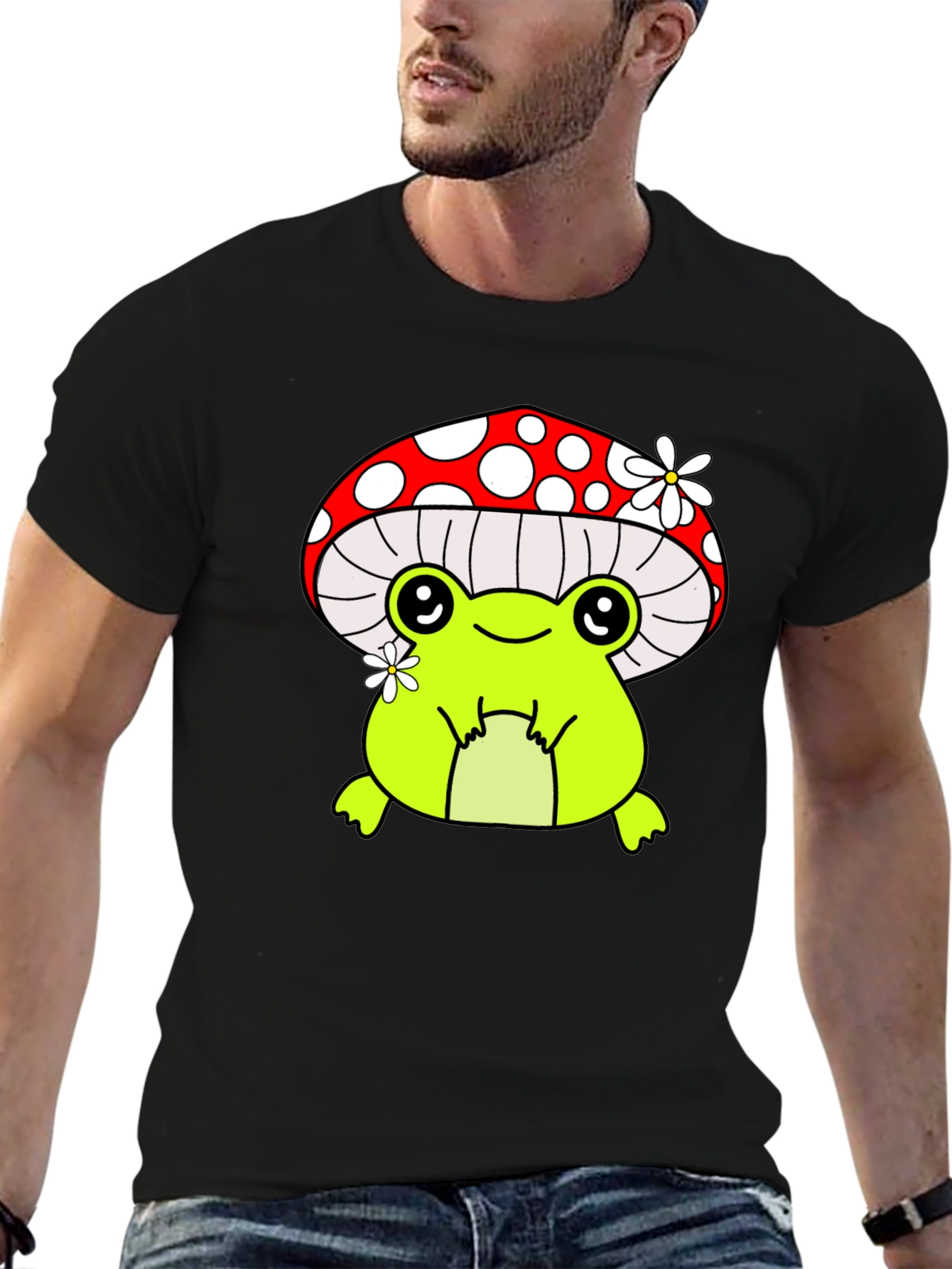 Black Mushroom Frog Graphic Tee - Black Cotton Shirt view 6