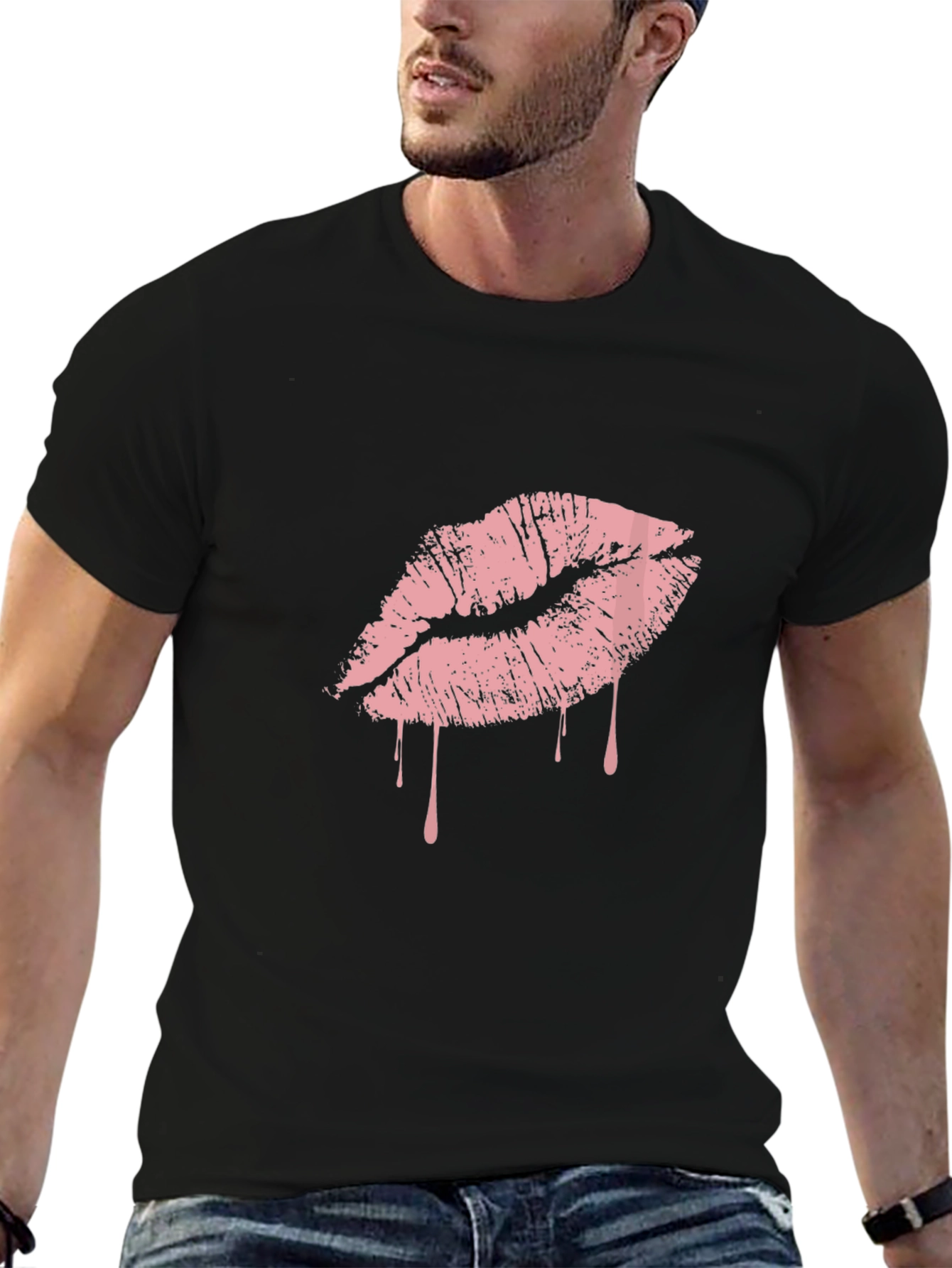 Black Black T-Shirt with Pink Dripping Lips Graphic view 6