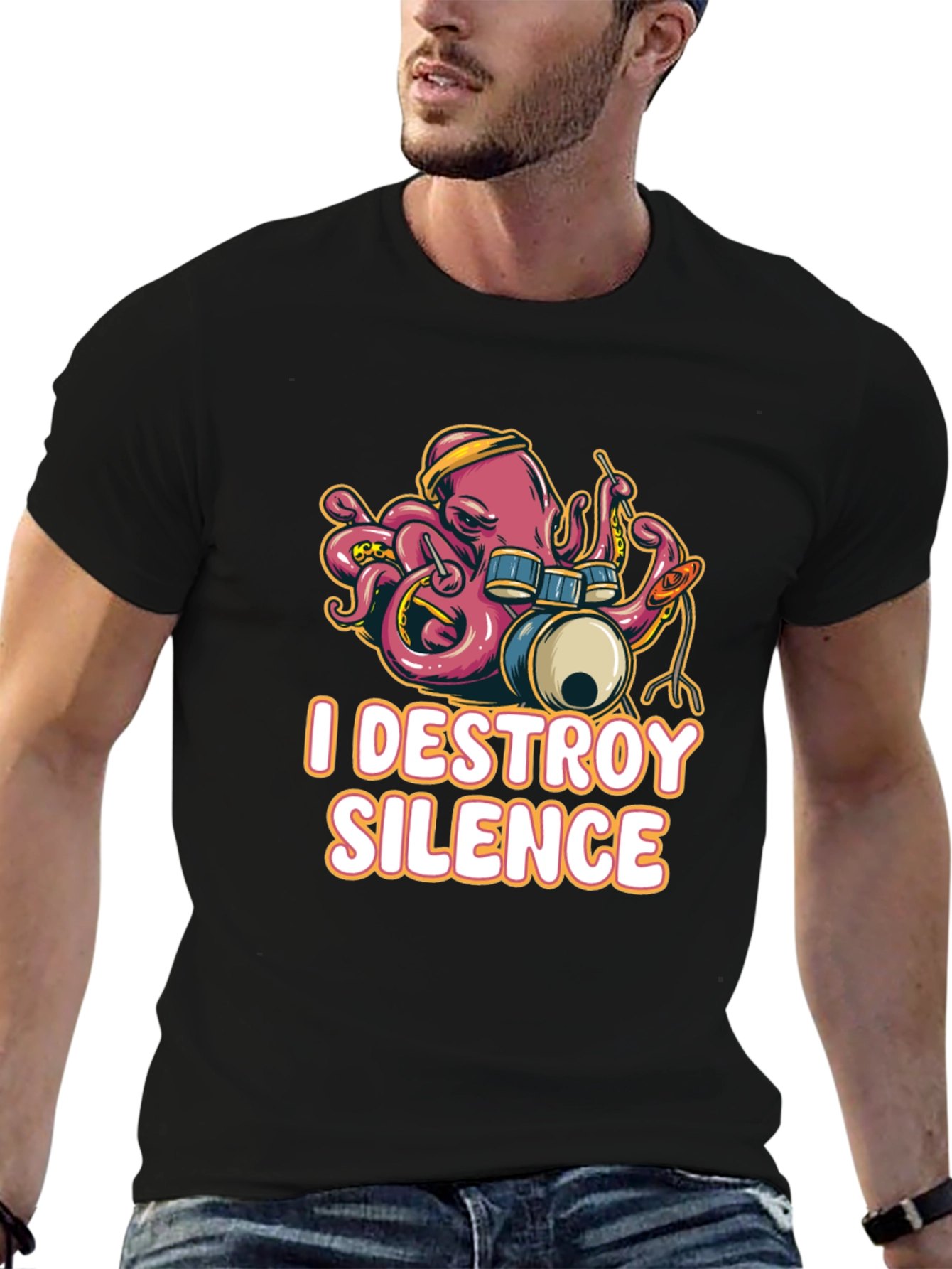 Black I Destroy Silence Octopus Drummer Black T-shirt view 6