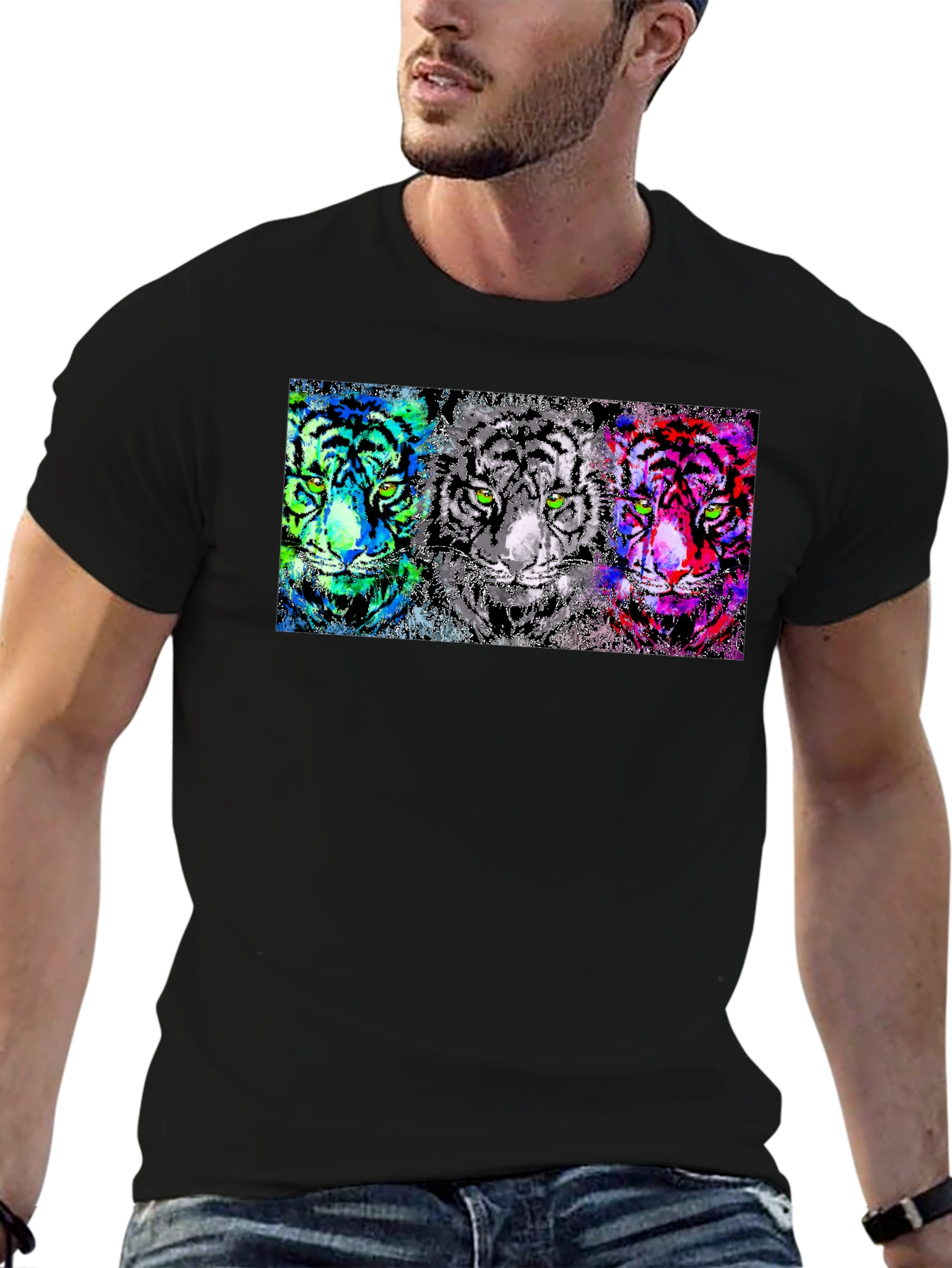 Black Vibrant Tiger Trio Graphic Tee - Unique Pop Art Design view 6