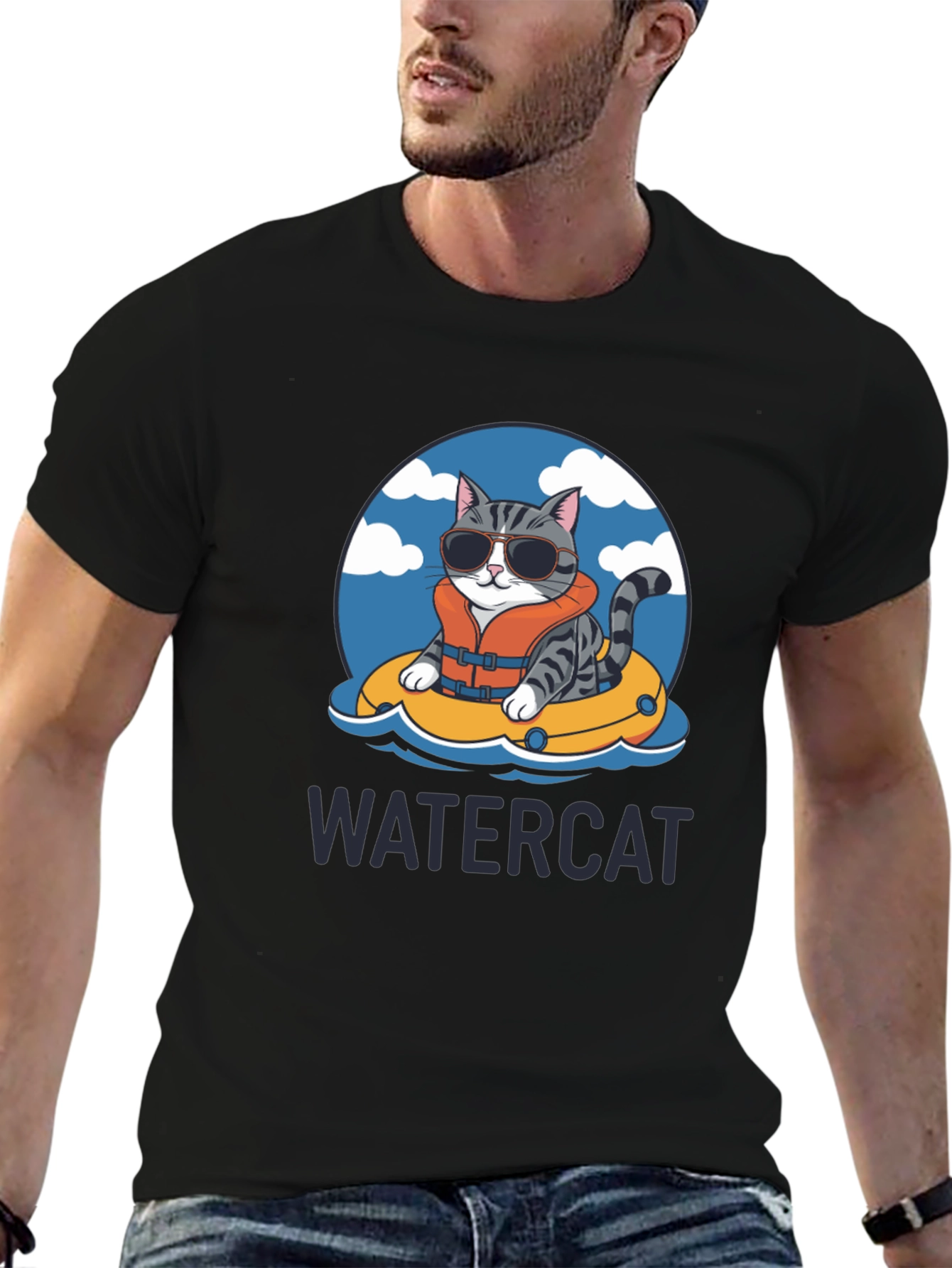 Black Watercat T-Shirt - Funny Cat in Pool Design view 6