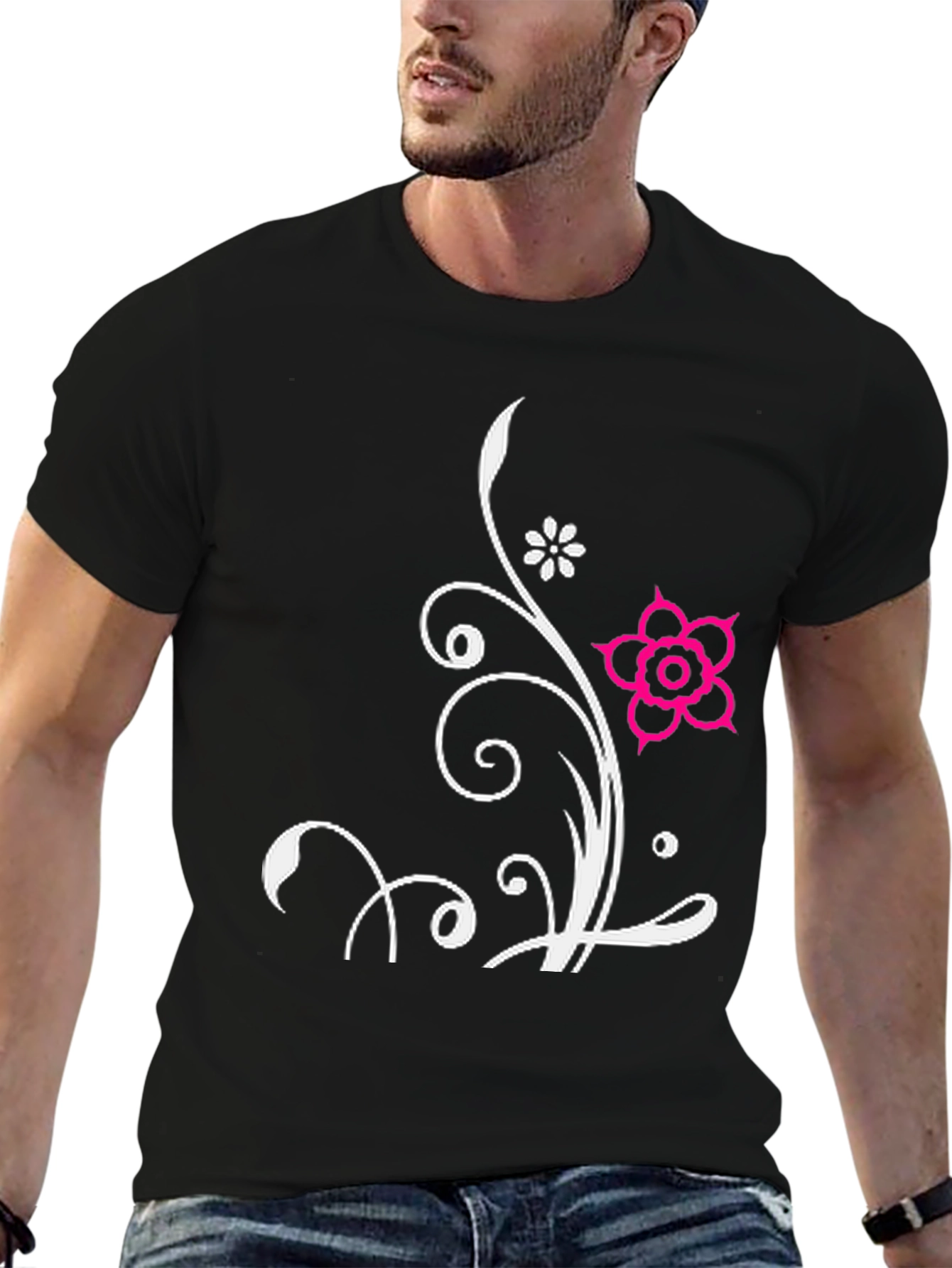 Black Floral Design Black T-Shirt view 6