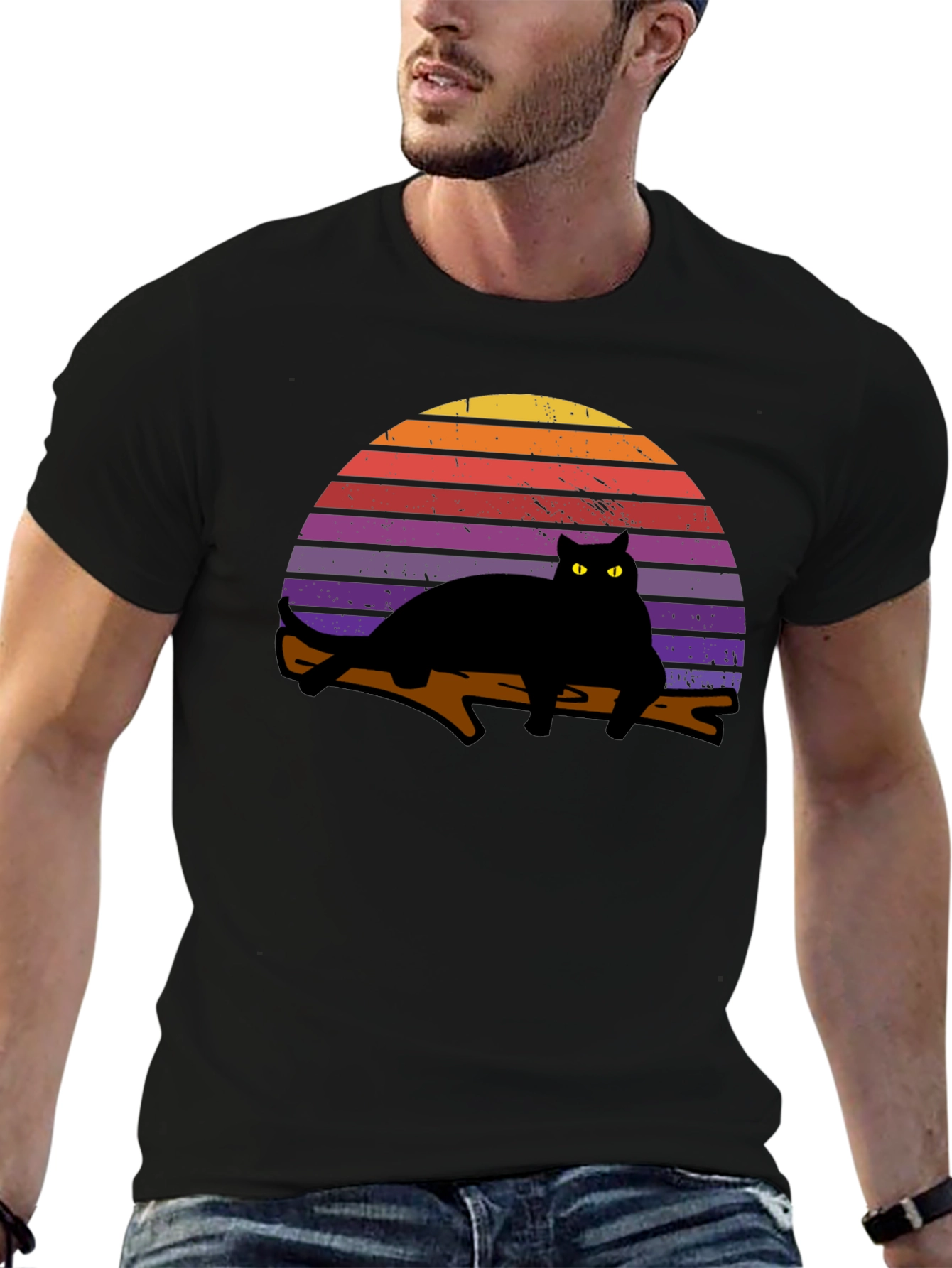 Black Retro Cat Sunset Graphic T-Shirt - Black view 6