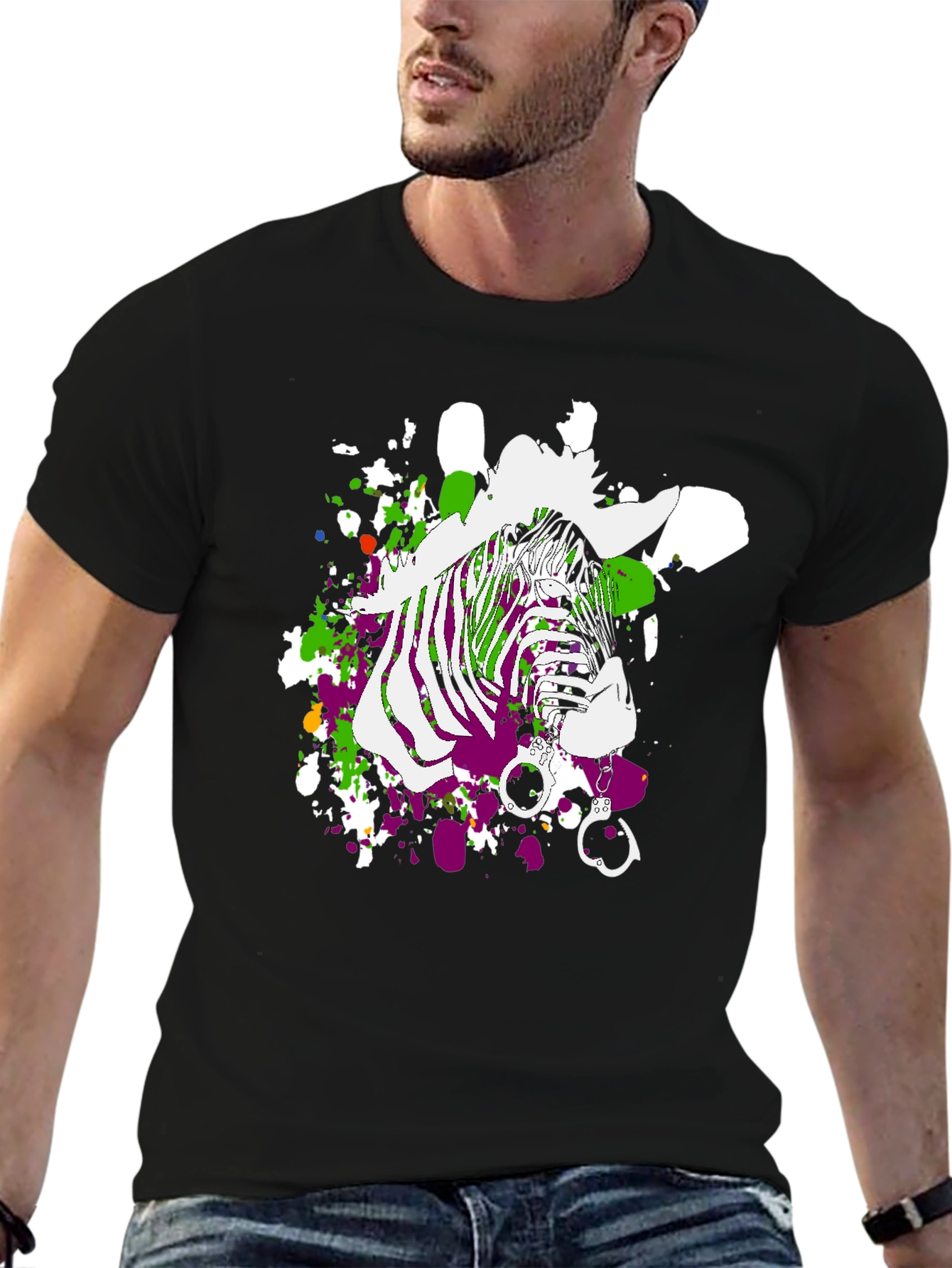 Black Zebra Graphic Print Men's T-Shirt - Black view 6