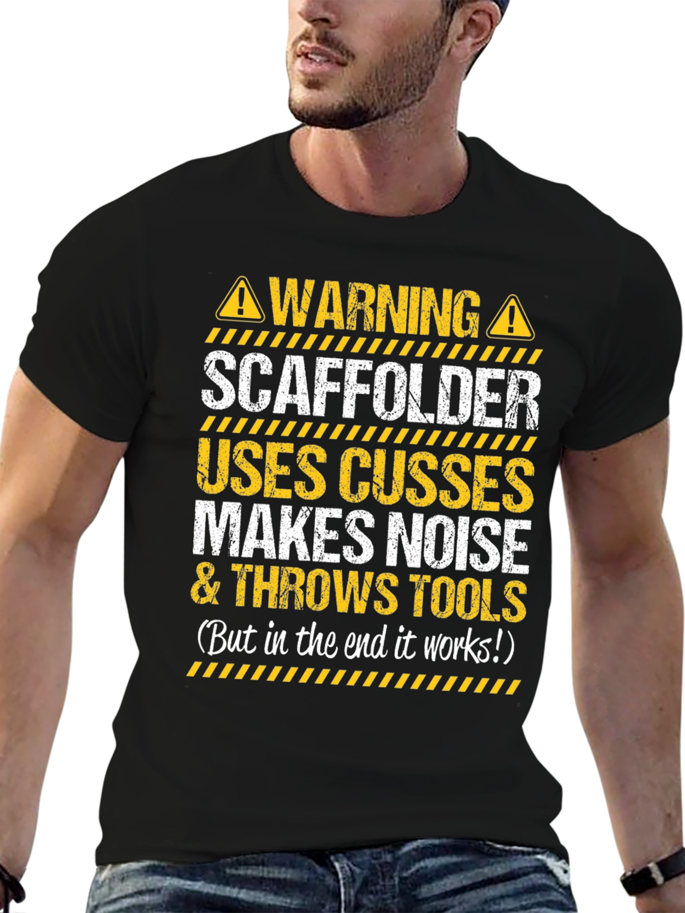 Black Warning Scaffolder T-Shirt - Funny Construction Worker Tee view 6