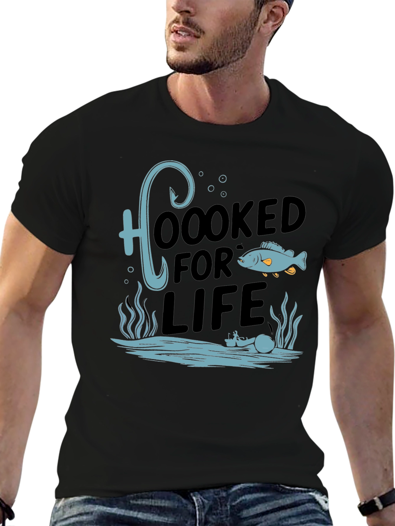 Black Hooked for Life Graphic Tee - Fishing Enthusiast's Shirt view 6
