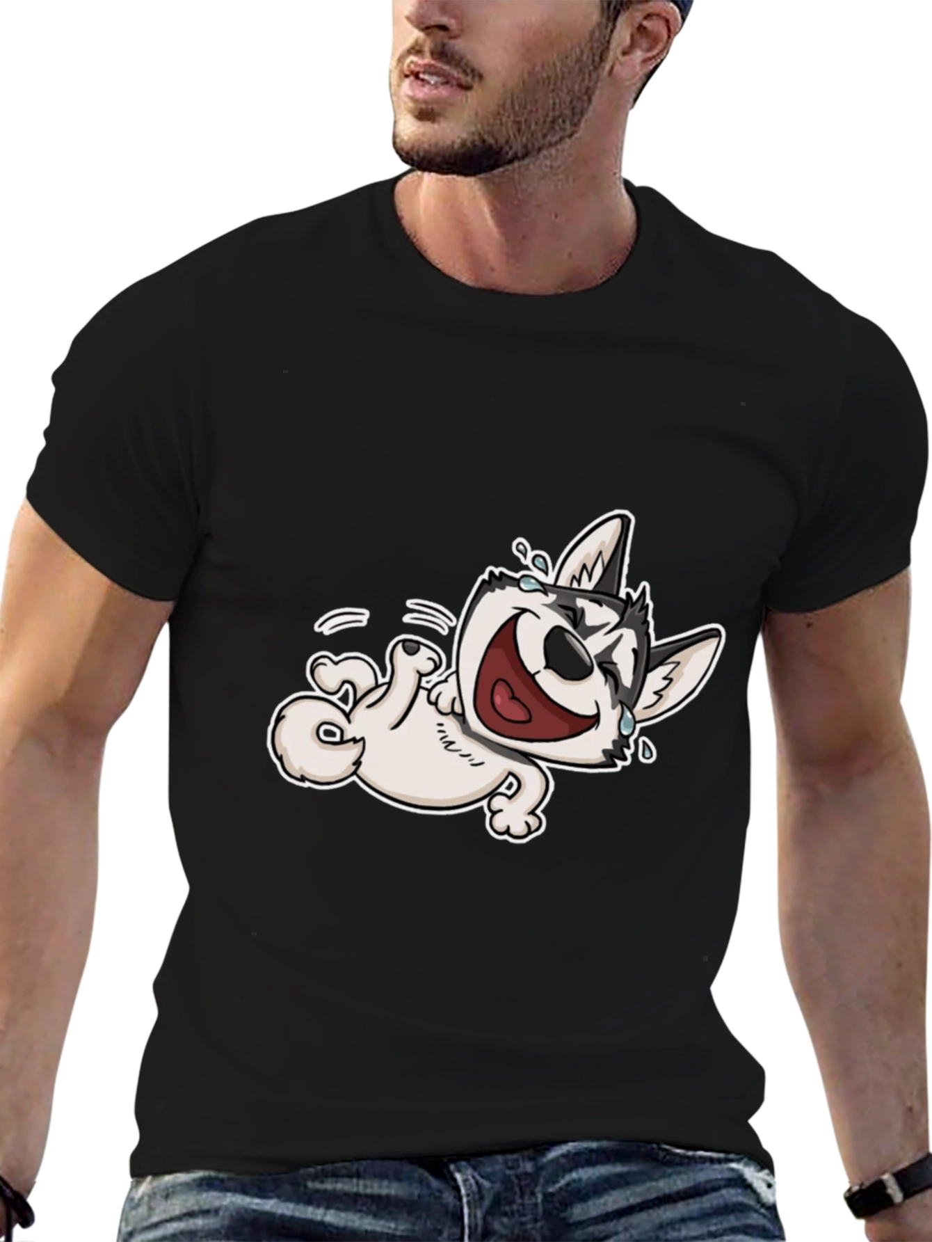 Black Laughing Husky T-Shirt - Black Cotton Tee view 6