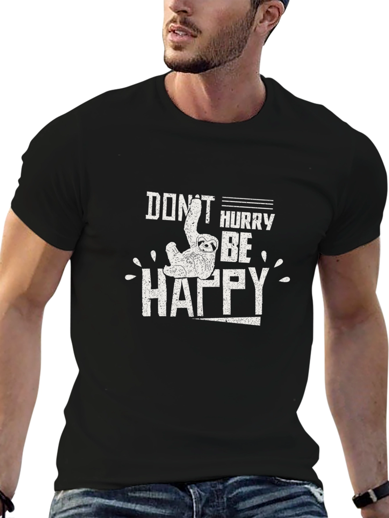 Black Don't Hurry Be Happy Sloth Graphic T-Shirt view 6
