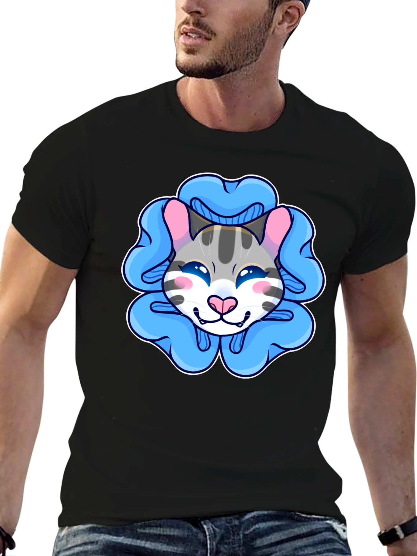 Black Cute Cartoon Cat T-Shirt view 6