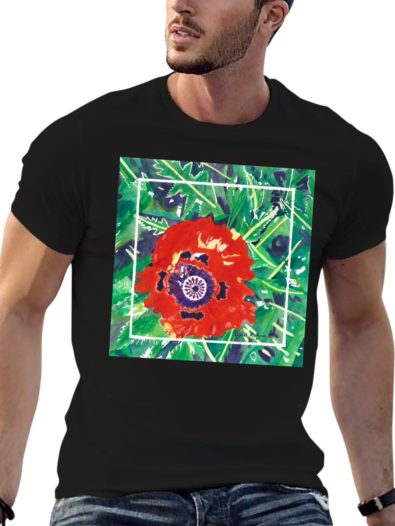 Black Floral Graphic T-Shirt - Unique Artistic Print view 6