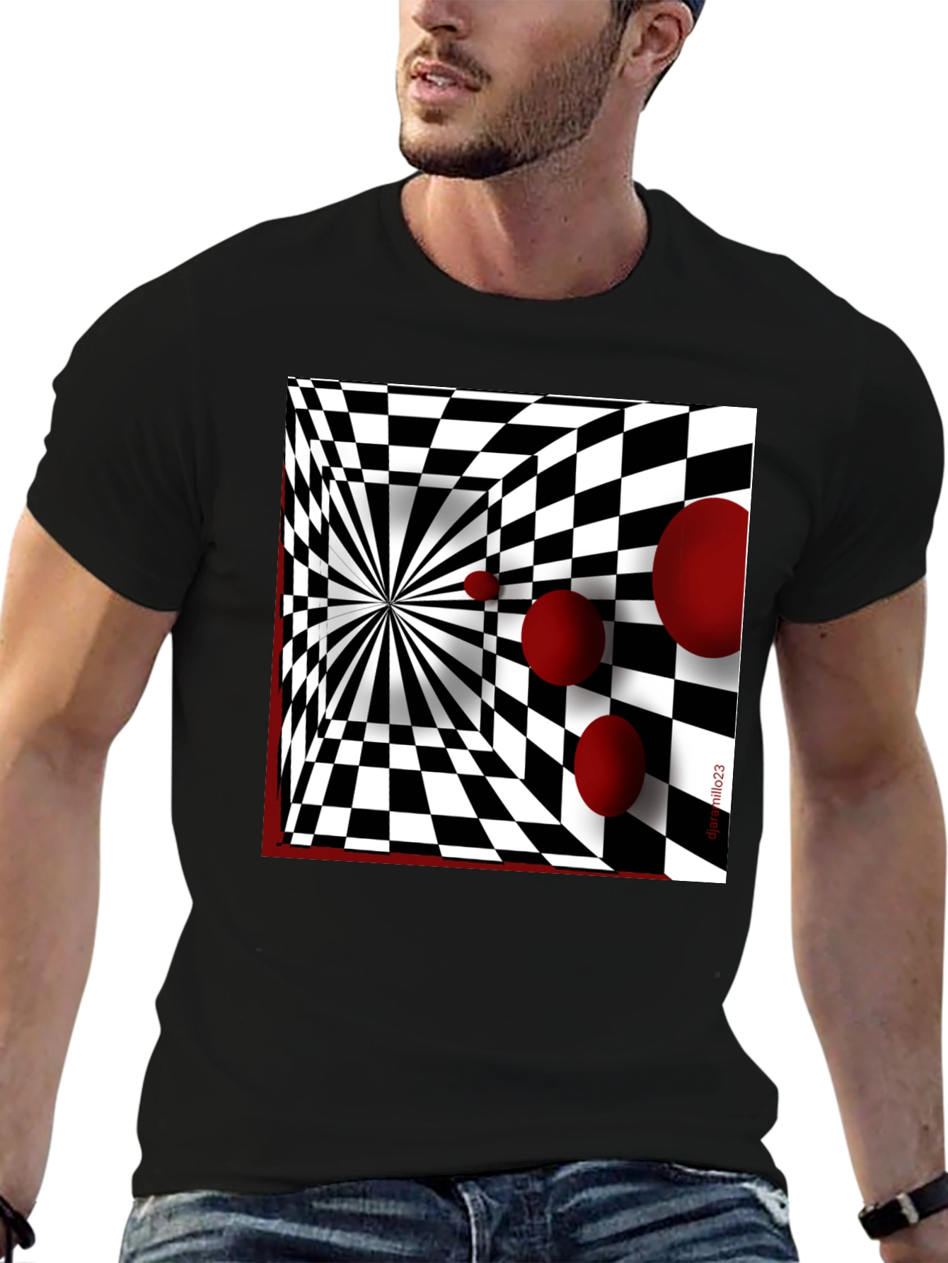 Black Optical Illusion Red Orb Black T-Shirt view 6