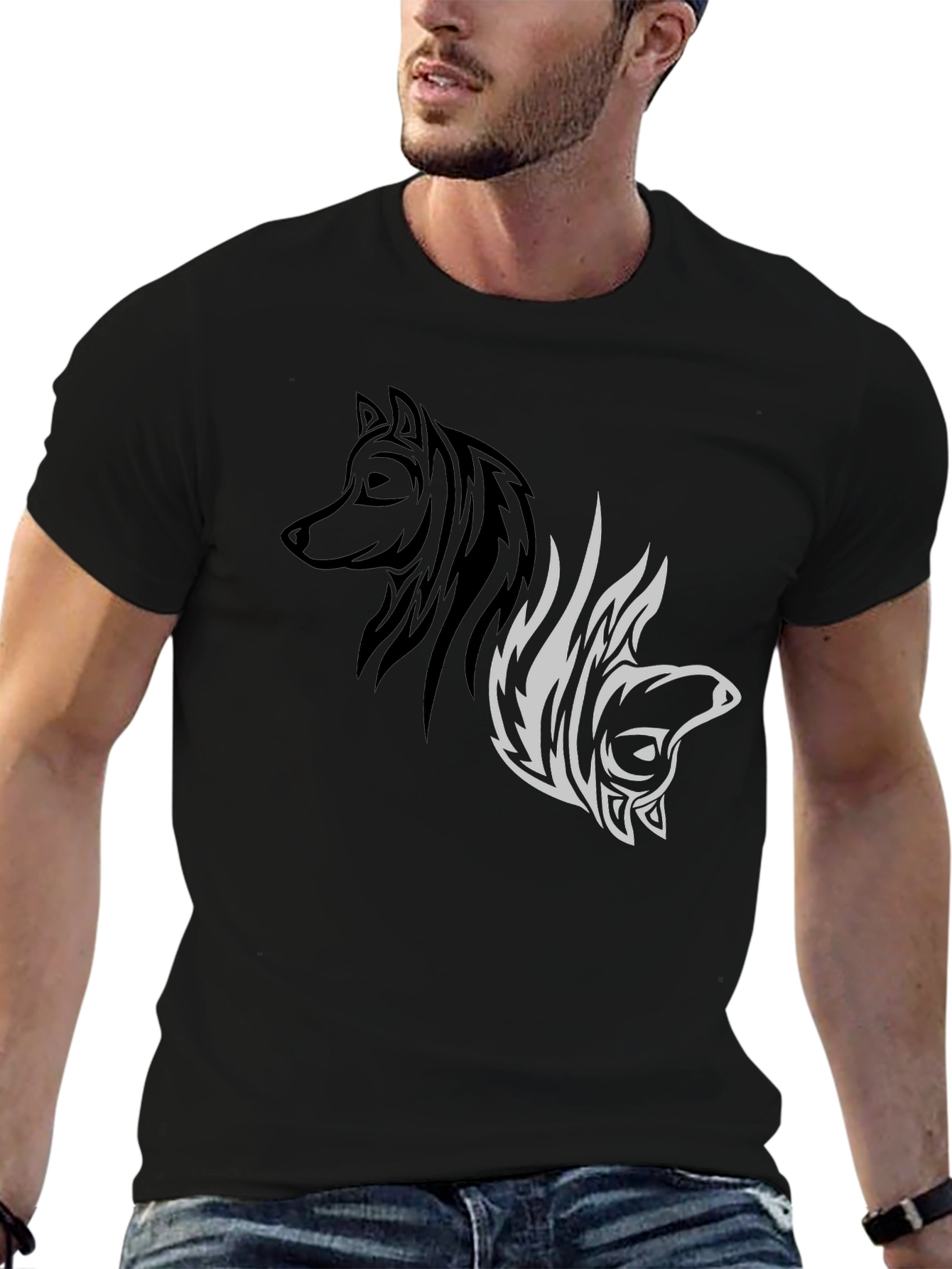 Black Yin Yang Wolf Graphic Tee - Stylish Black T-Shirt view 6