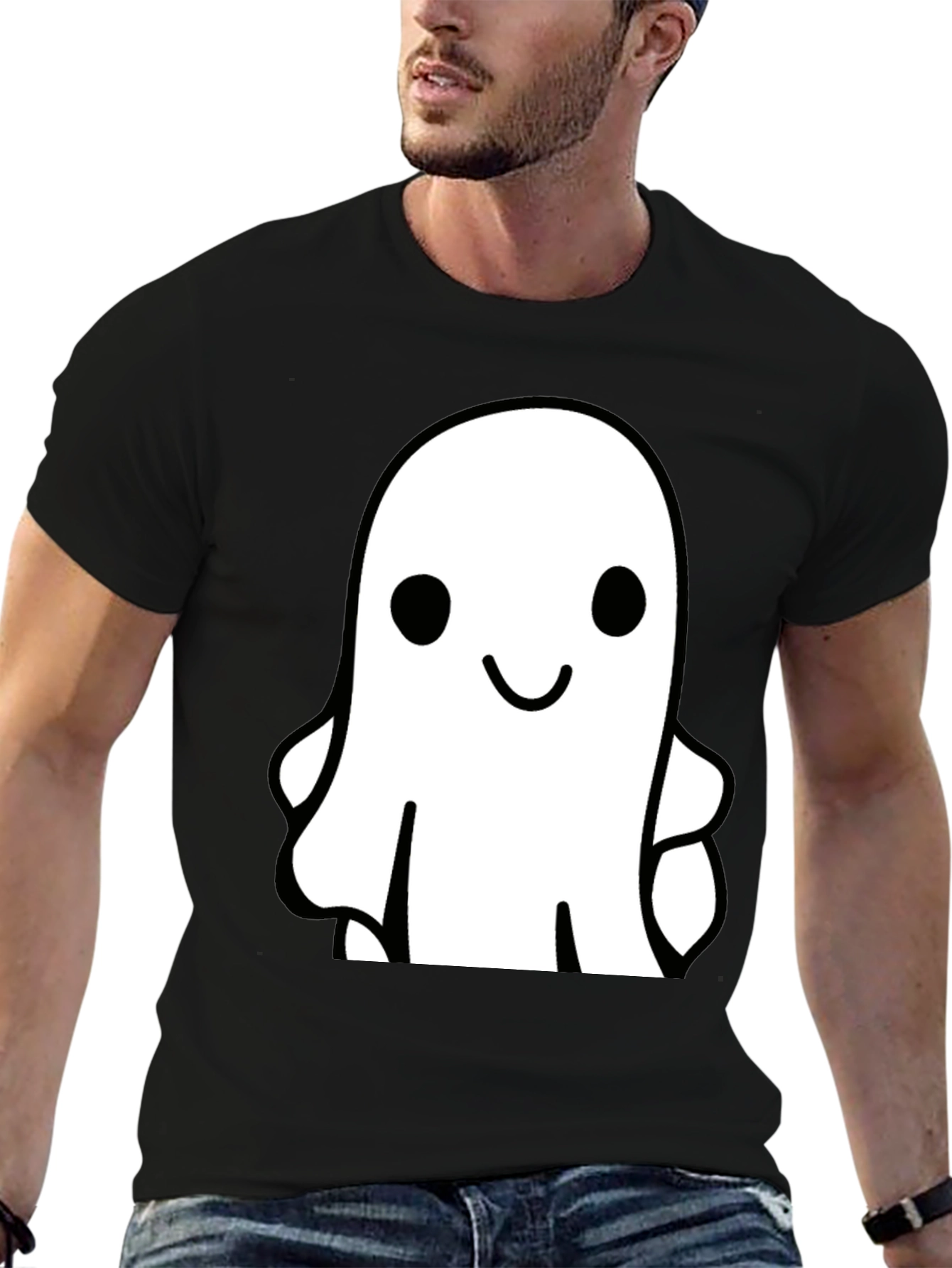 Black Cute Ghost Graphic Tee - Black Cotton T-Shirt view 6