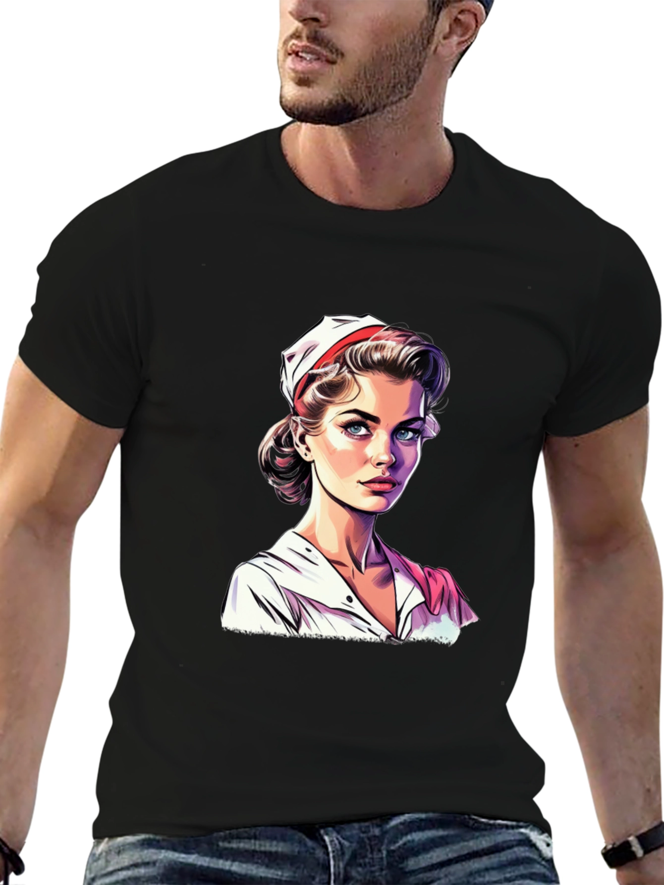 Black Vintage Nurse Graphic Tee - Retro Style T-Shirt view 6