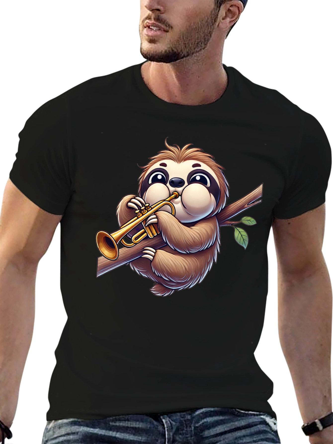 Black Sloth Trumpet T-Shirt - Cartoon Music Lover Tee view 6
