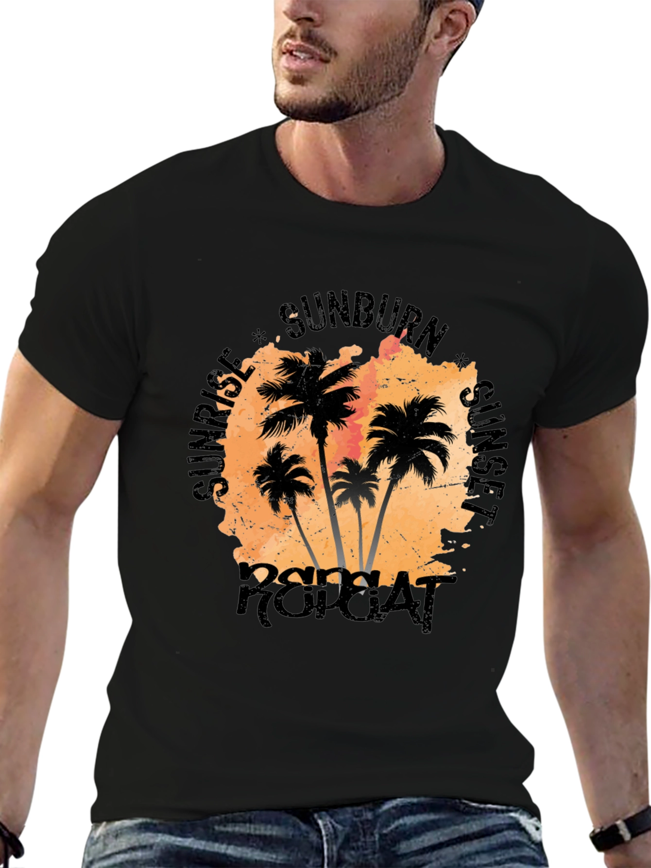 Black Sunrise Sunset Repeat Palm Tree T-Shirt view 6
