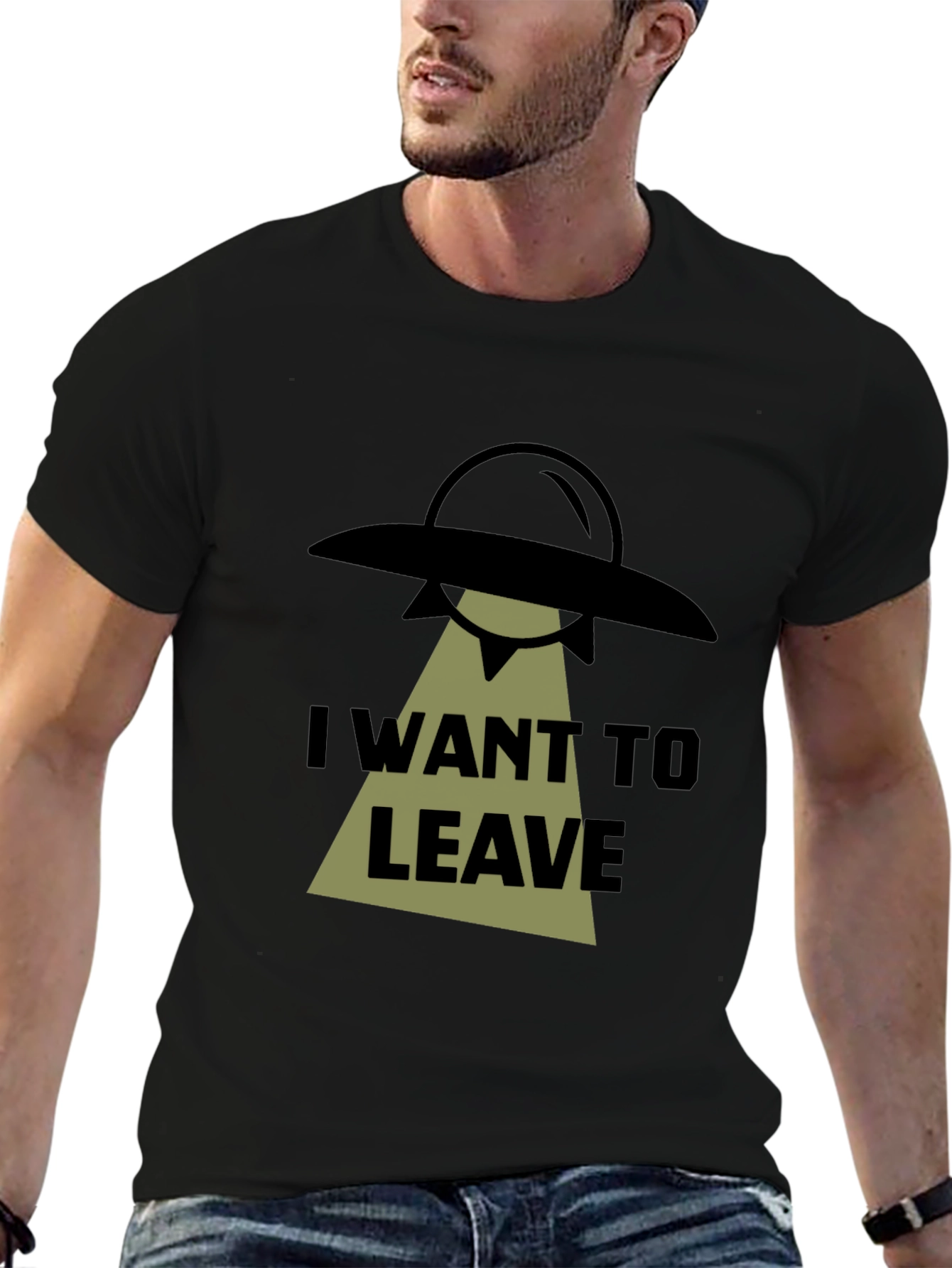 Black I Want To Leave Alien UFO Graphic T-Shirt view 6