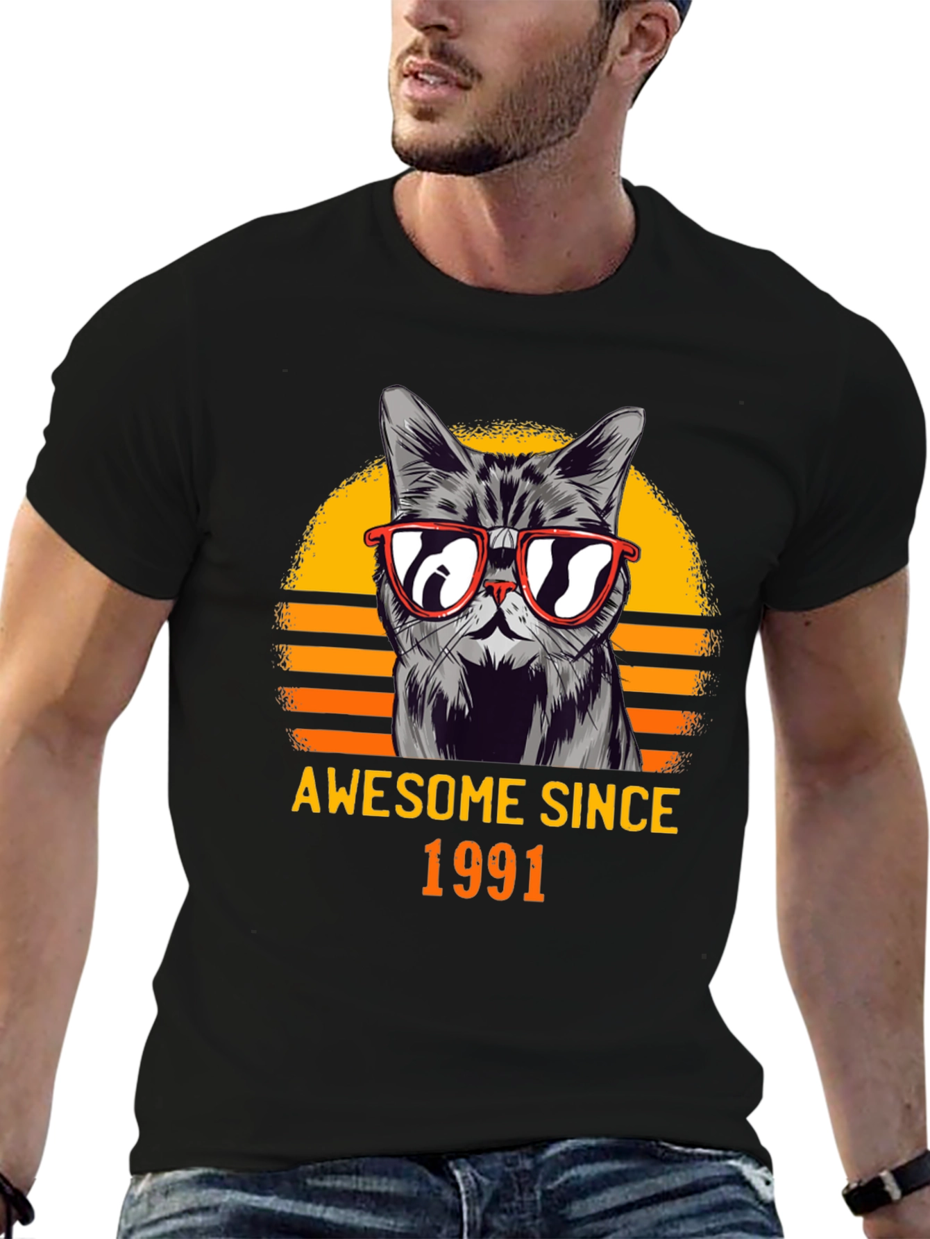Black Awesome Since 1991 Cat Graphic T-Shirt view 6