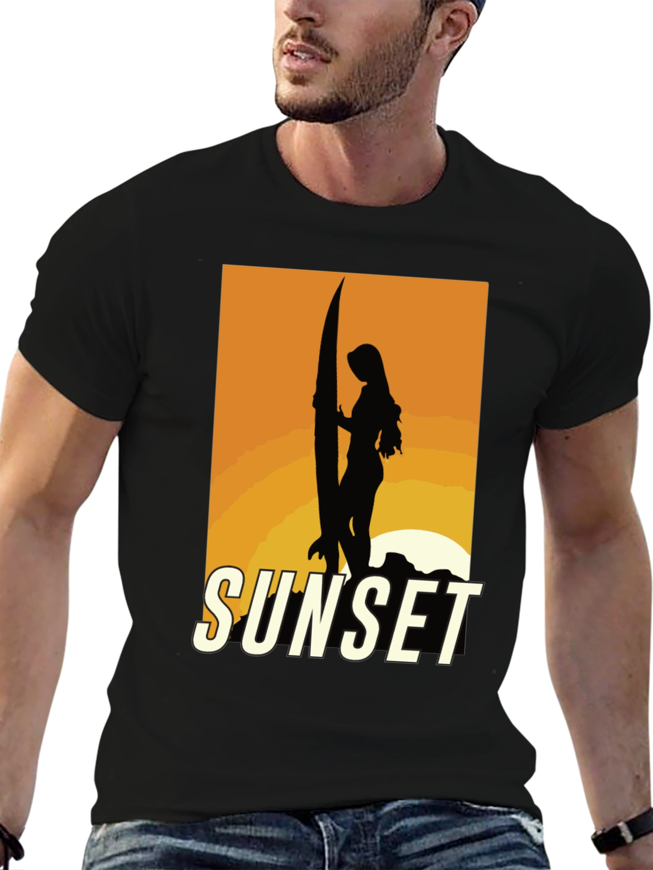 Black Sunset Surfer Graphic Tee - Black Cotton T-Shirt view 6