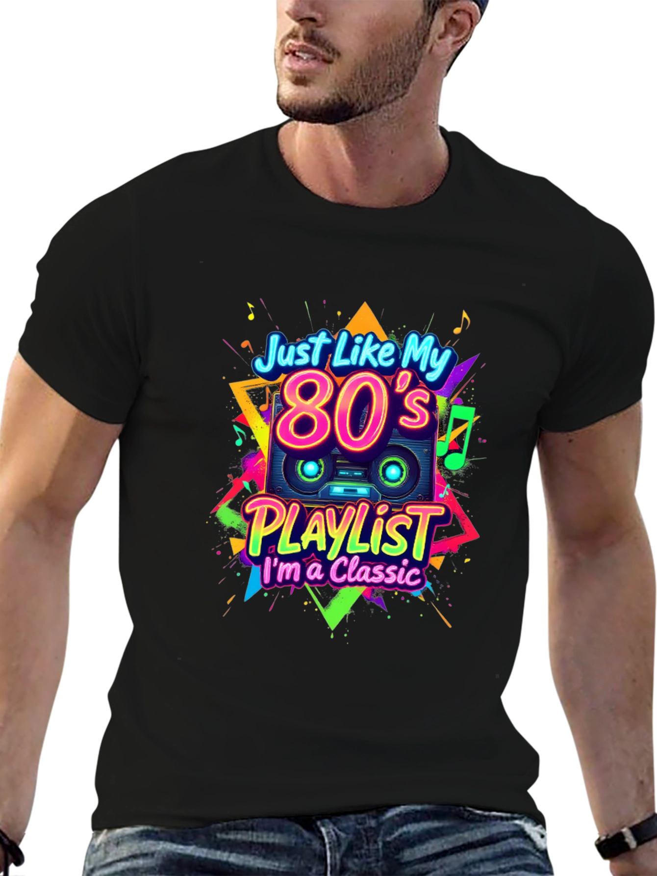 Black 80's Playlist Classic Black T-Shirt view 6