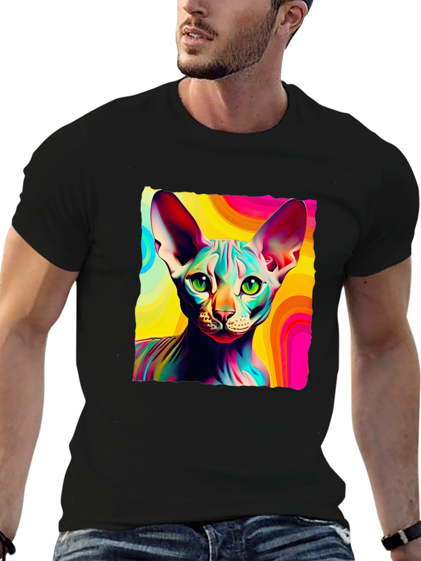 Black Psychedelic Sphynx Cat Graphic Tee - Unisex view 6