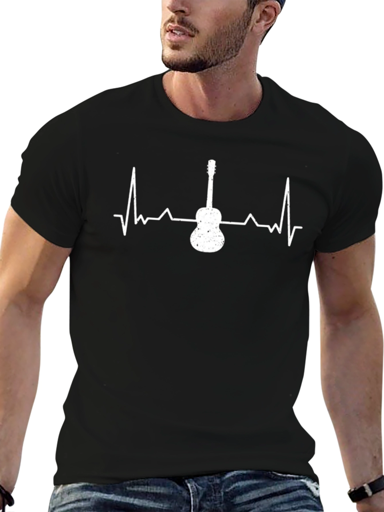 Black Guitar Heartbeat T-Shirt - Music Lover Tee view 6