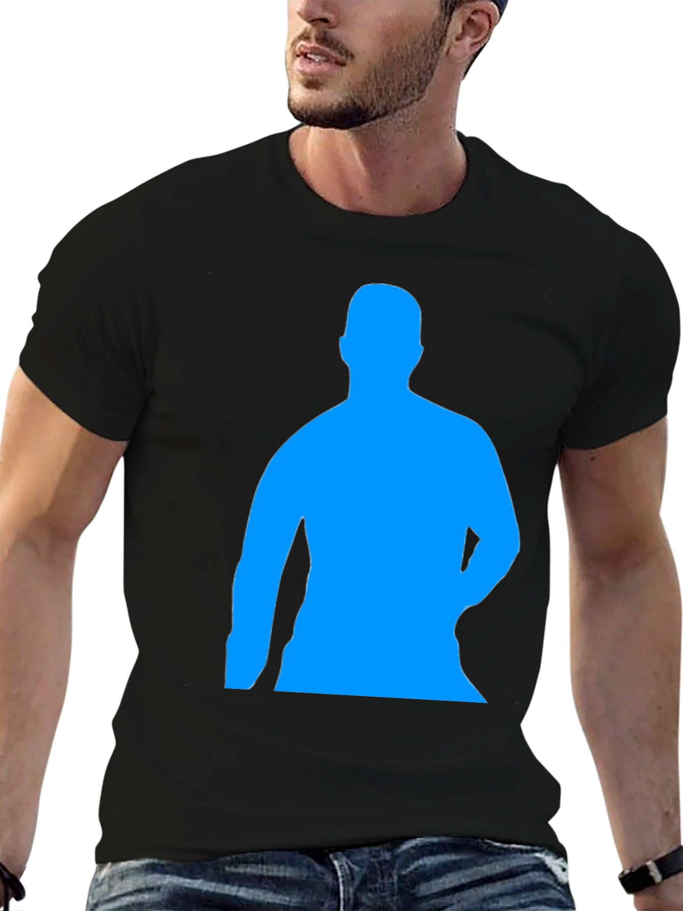 Black Men's Black T-Shirt with Blue Silhouette Print view 6