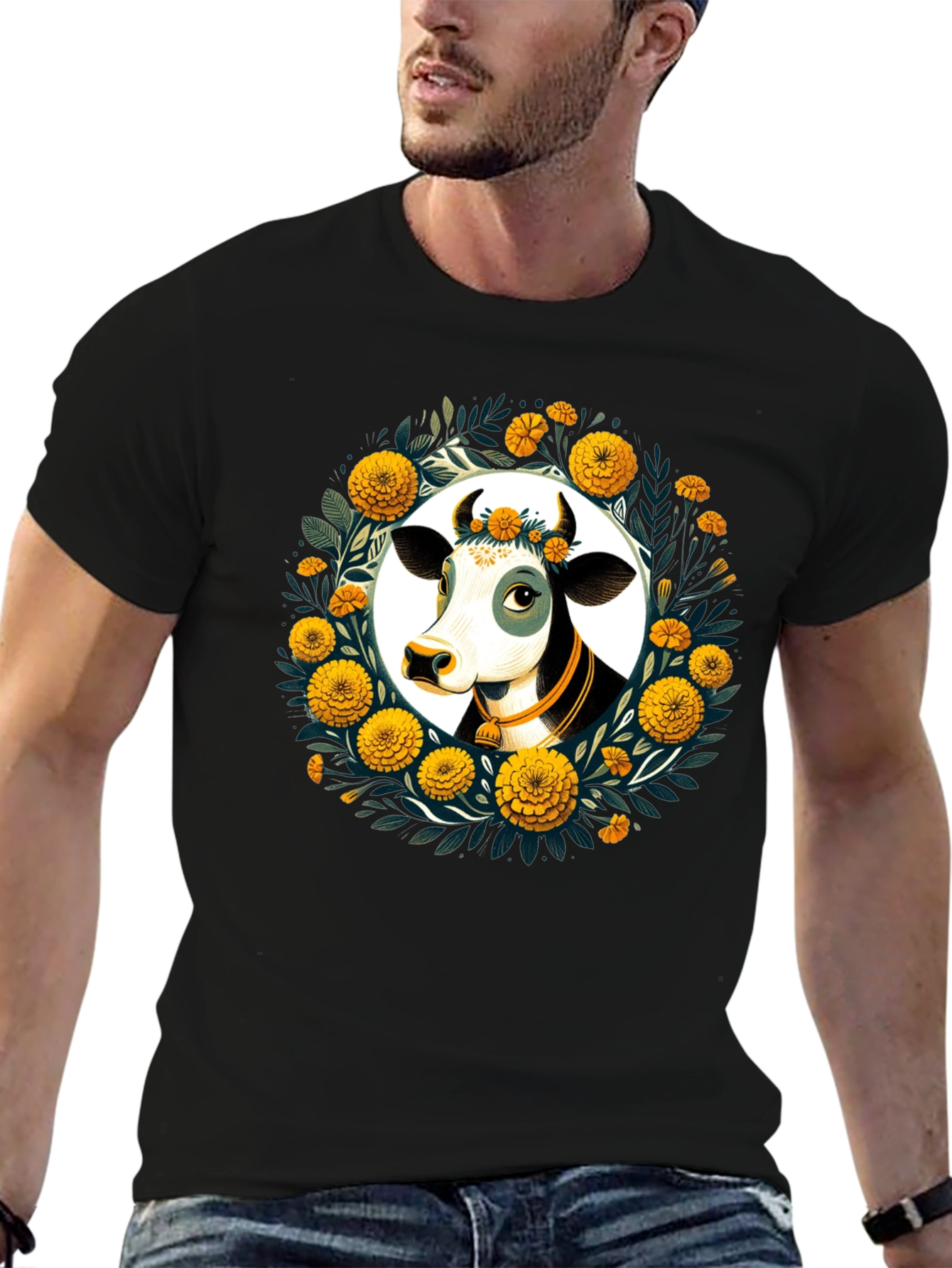 Black Floral Cow Graphic Tee - Black Unisex T-Shirt view 6
