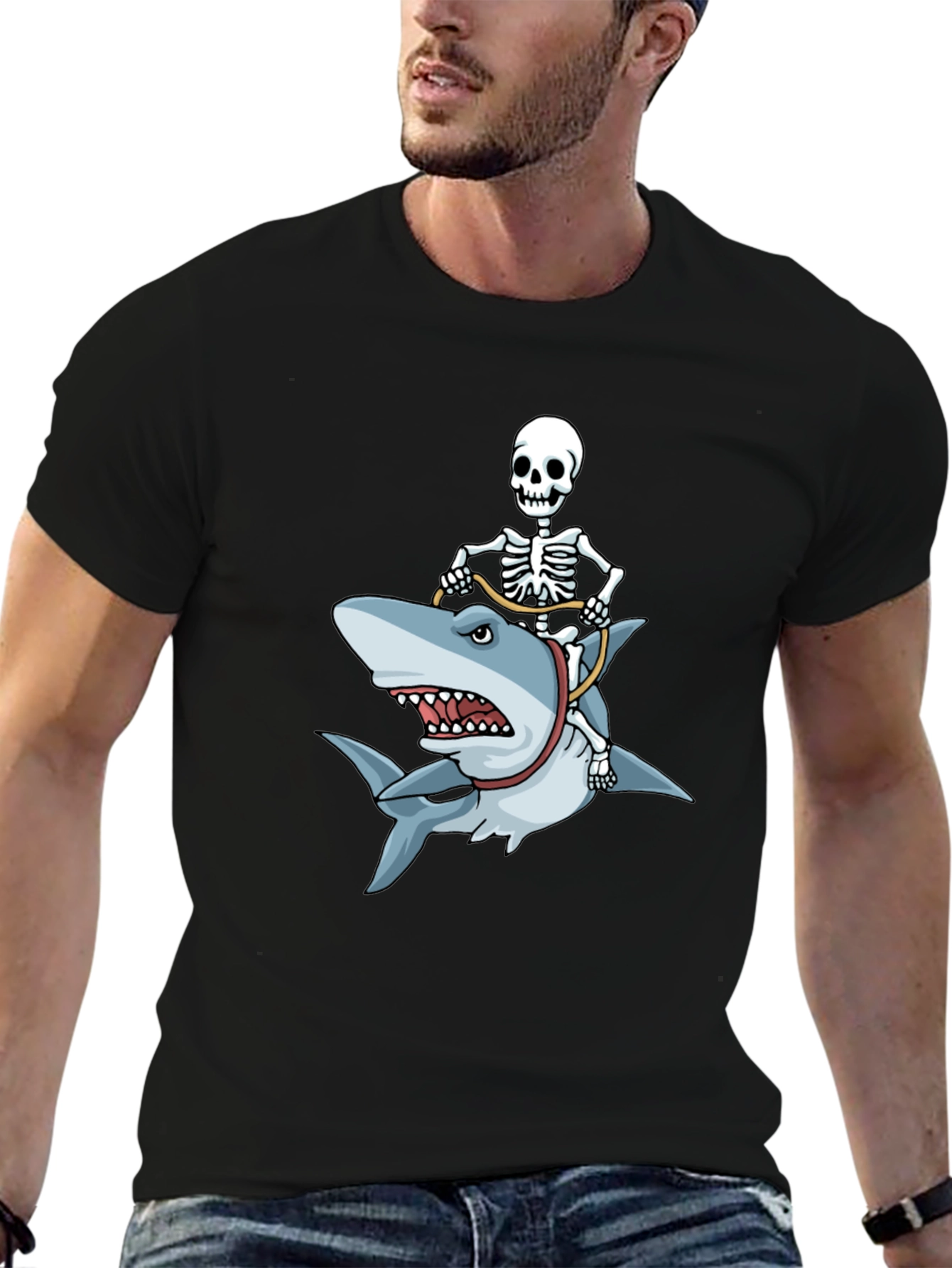Black Skeleton Riding Shark Graphic T-Shirt view 6