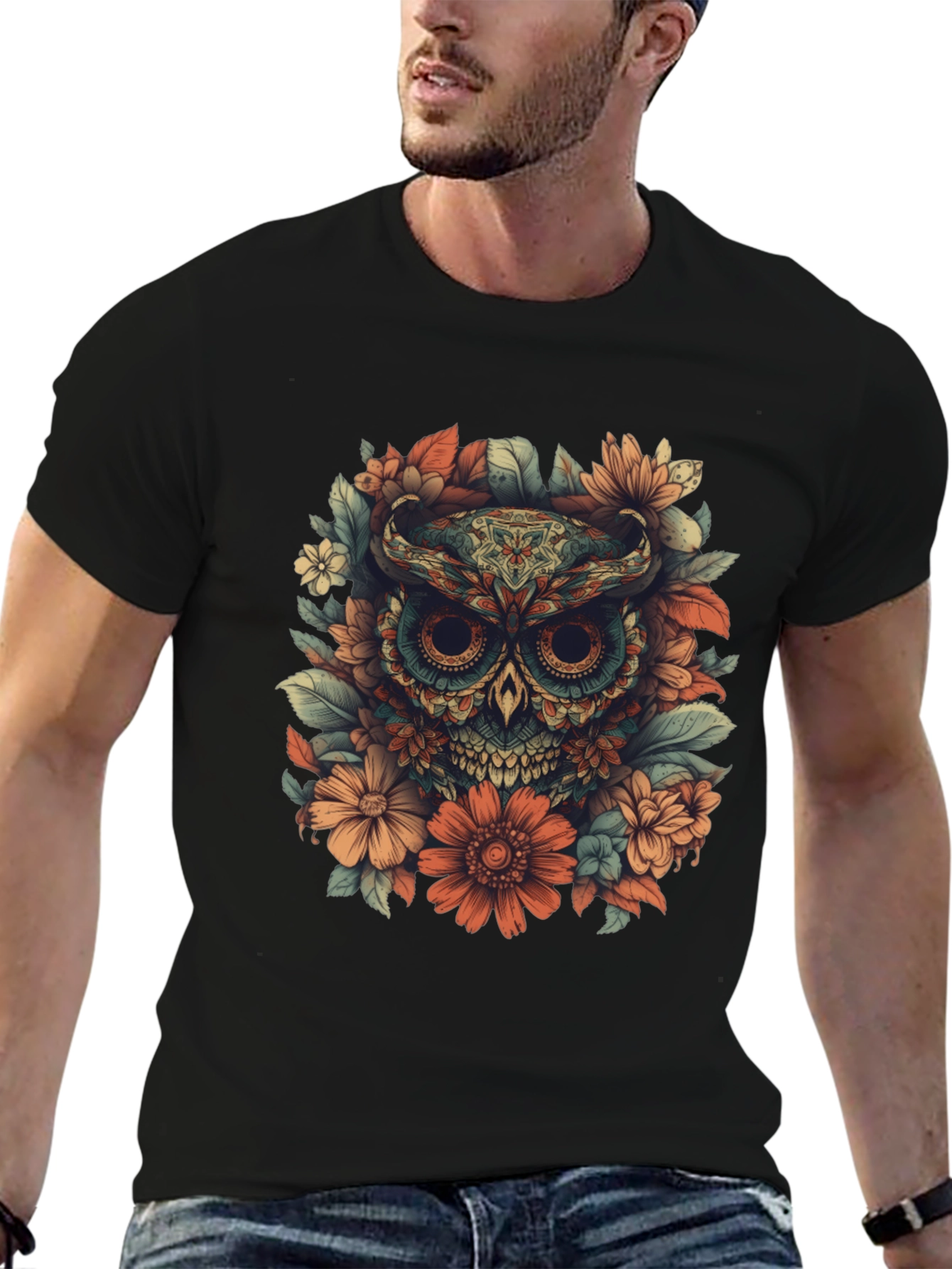 Black Floral Owl Graphic Tee - Unique Design view 6