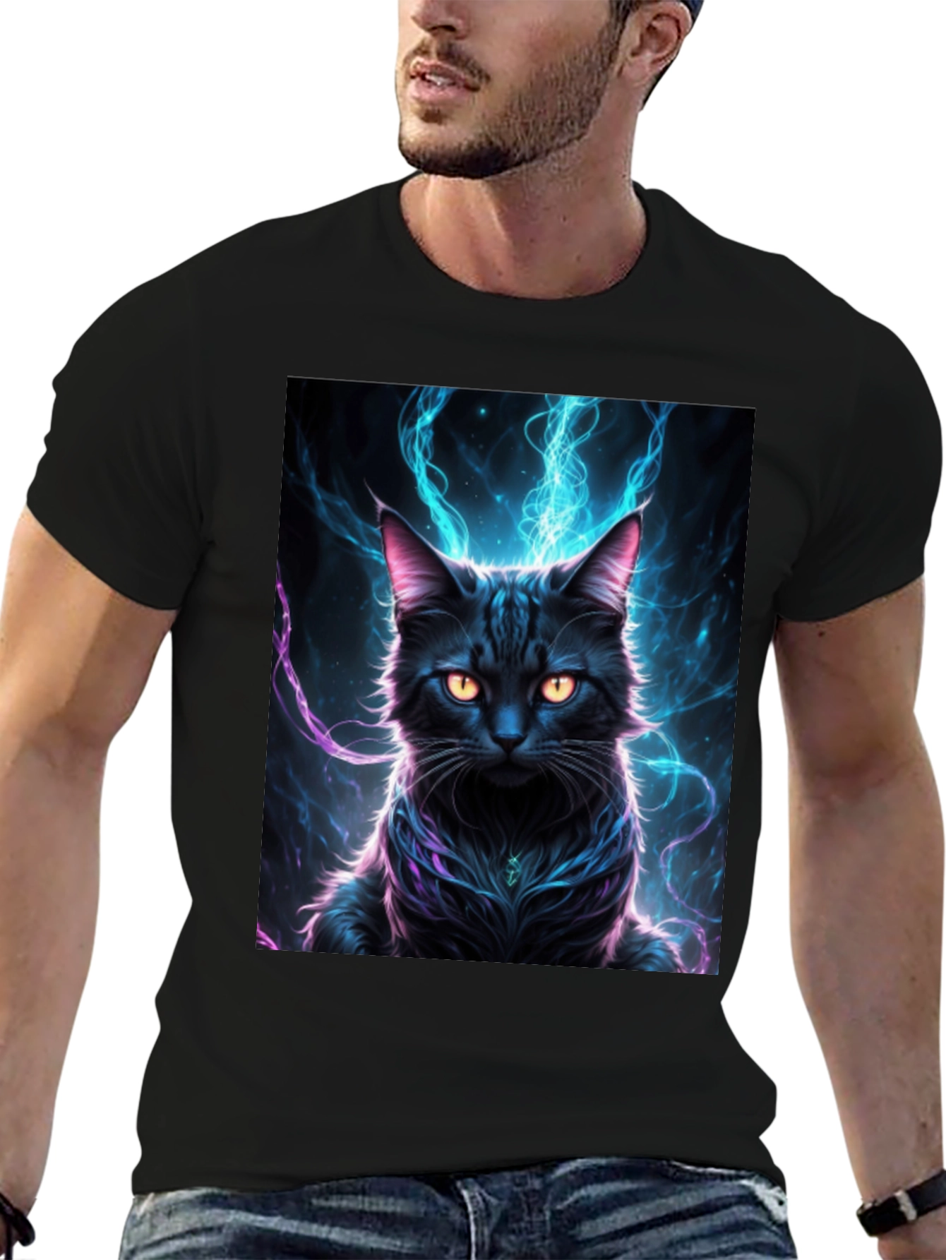 Mystic Feline T-Shirt: Black Cat with Electric Aura Design - 6