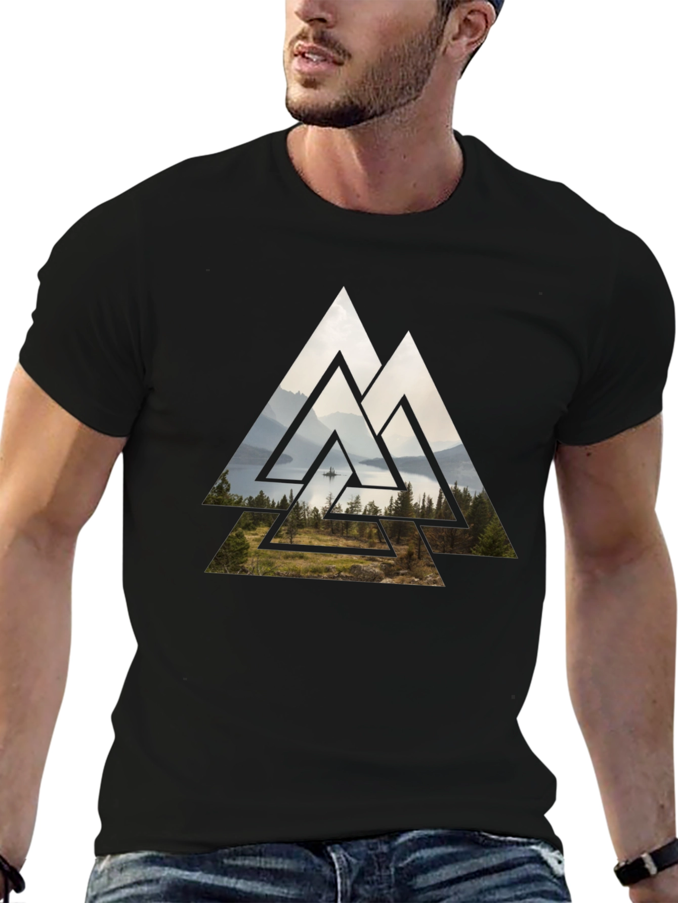 Black Geometric Landscape Graphic Tee - Black Cotton Blend view 6