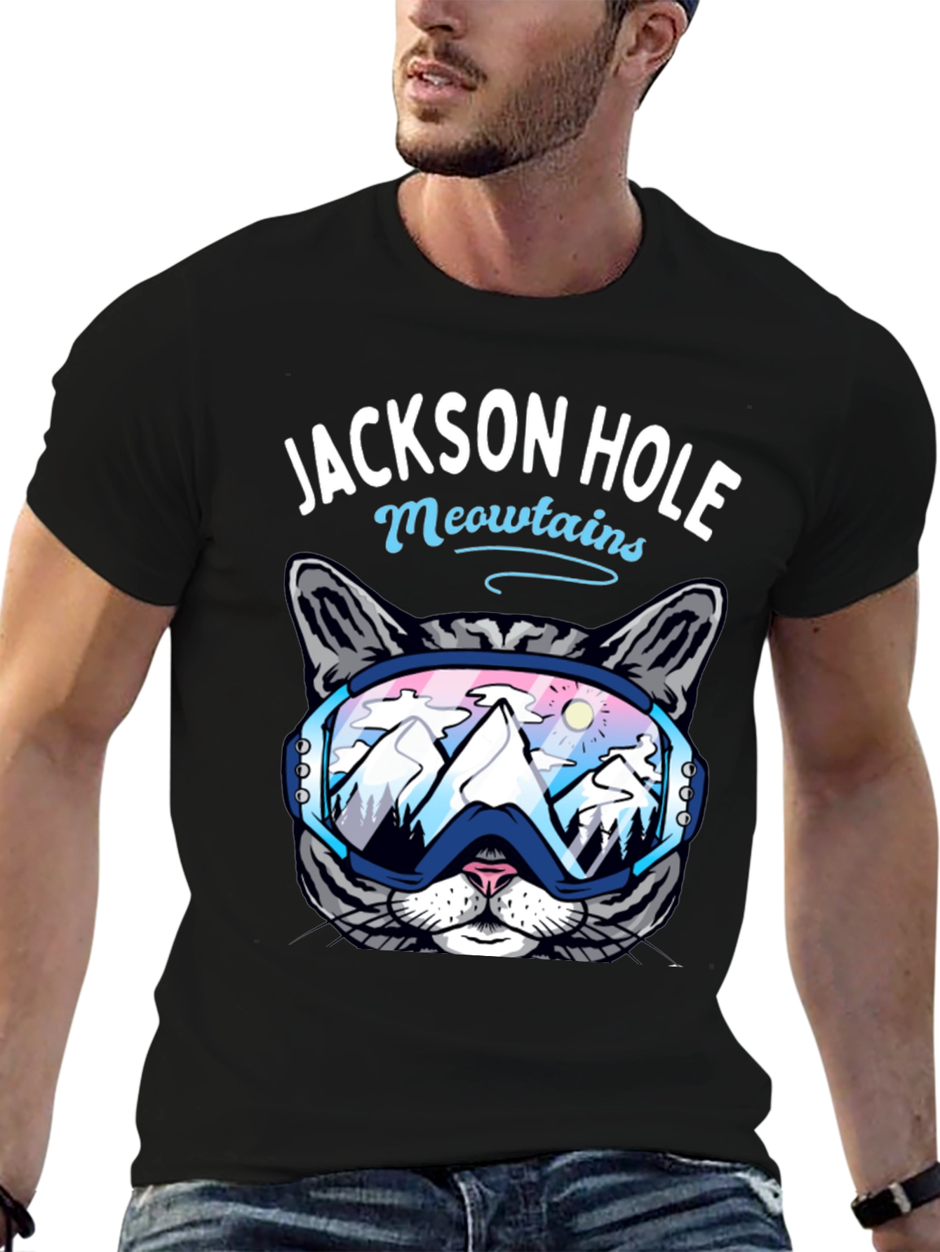 Black Jackson Hole Meowtains Cat Ski T-Shirt view 6