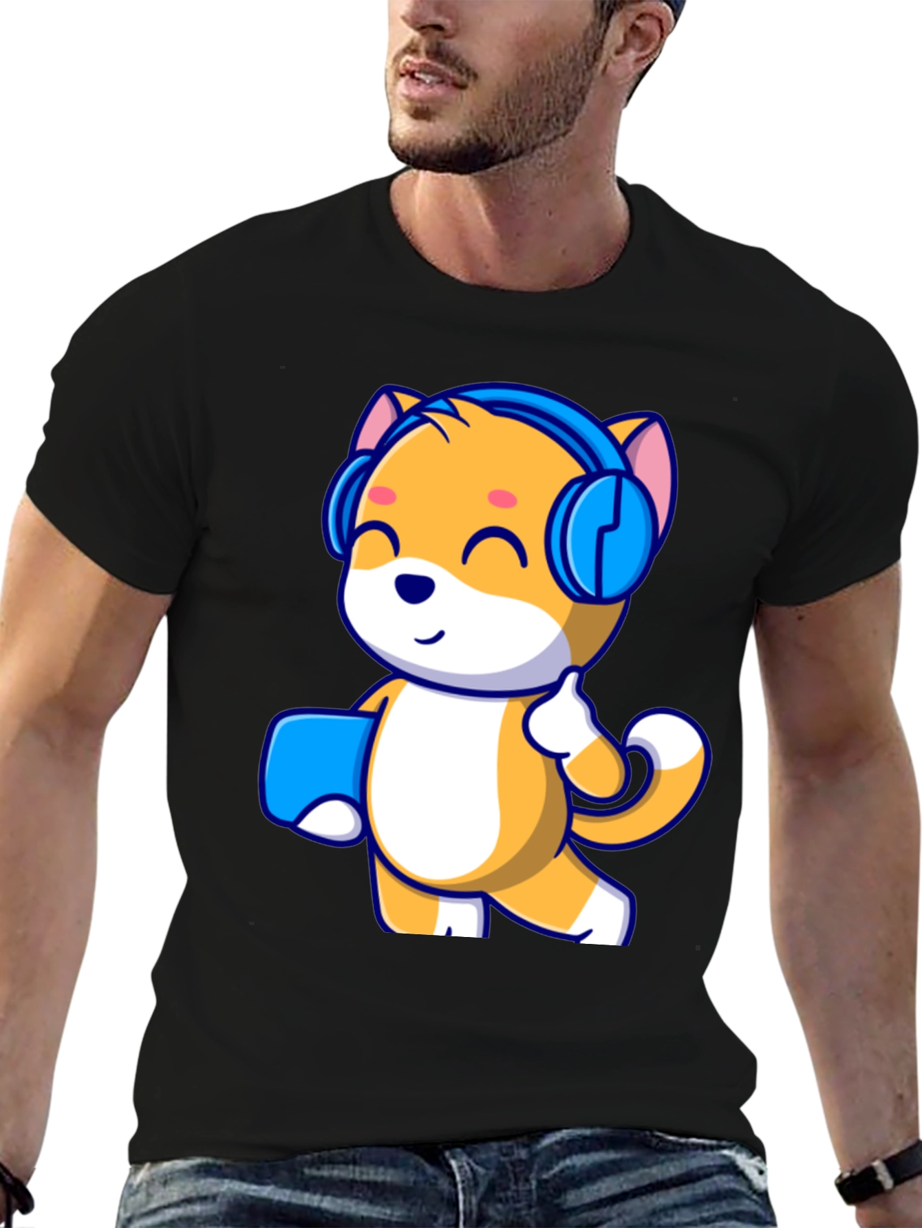 Black Cute Cartoon Cat with Headphones Black T-Shirt view 6