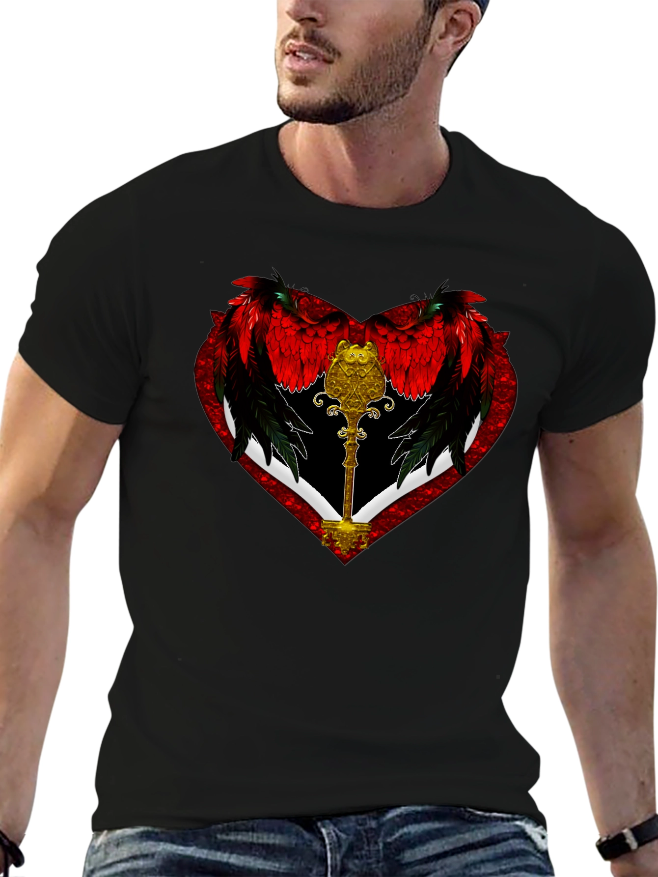 Black Winged Heart Key Graphic Black T-Shirt view 6