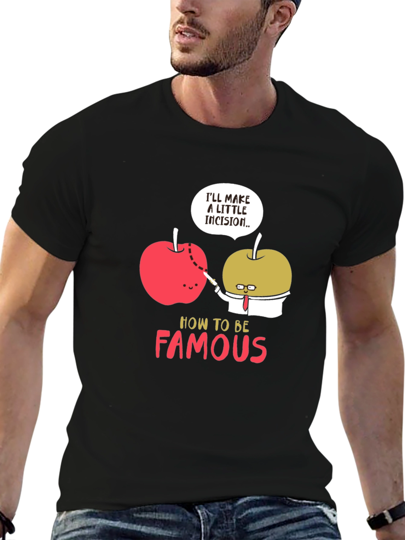 Black Funny Apple Incision Graphic T-Shirt view 6