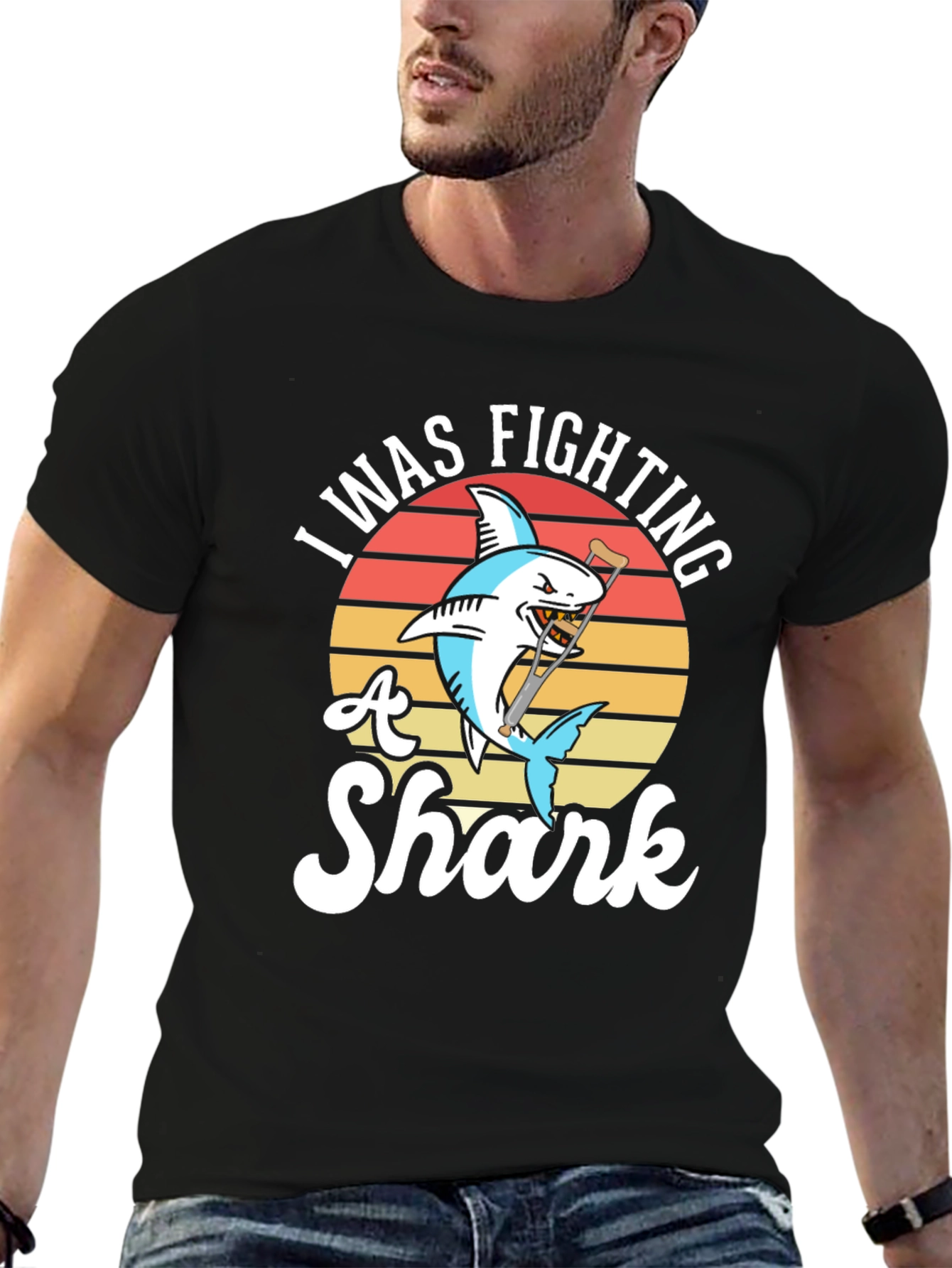 Black I Was Fighting a Shark Funny T-Shirt view 6