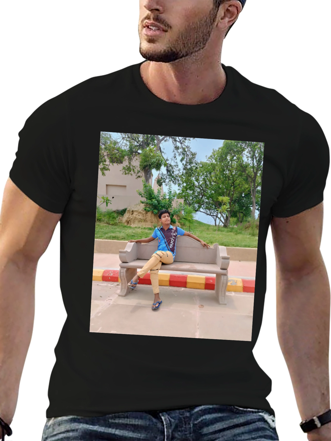Black Black T-Shirt with Picture of Boy on Bench view 6