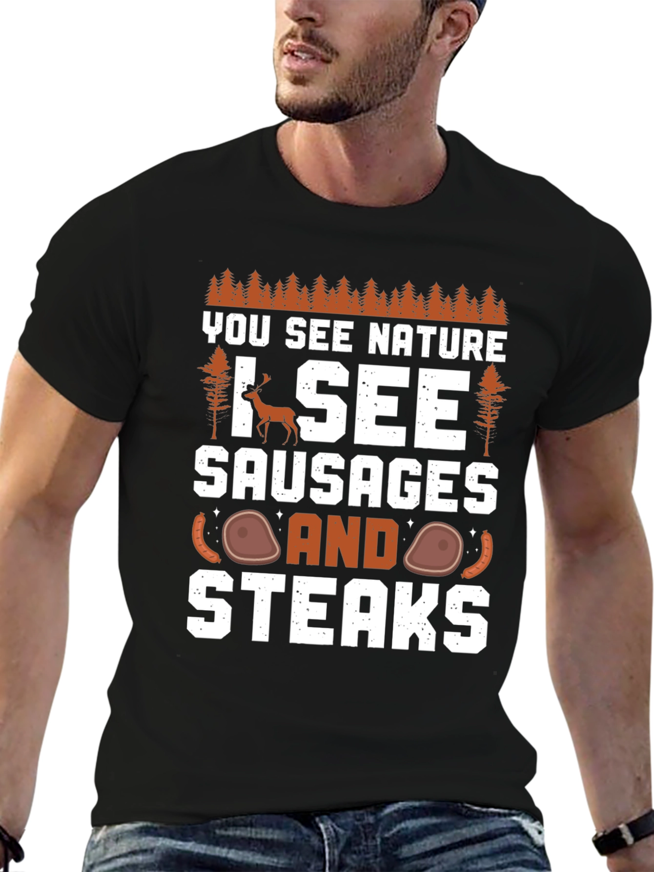 Black Nature Humor T-Shirt - I See Sausages and Steaks view 6