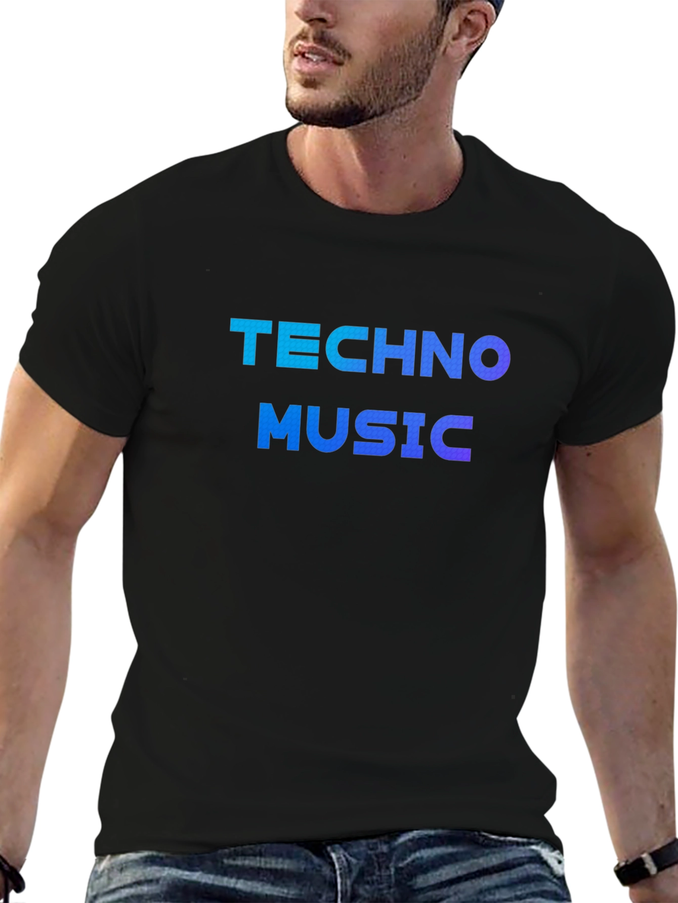 Black Techno Music Gradient Tee - Black Cotton T-Shirt view 6