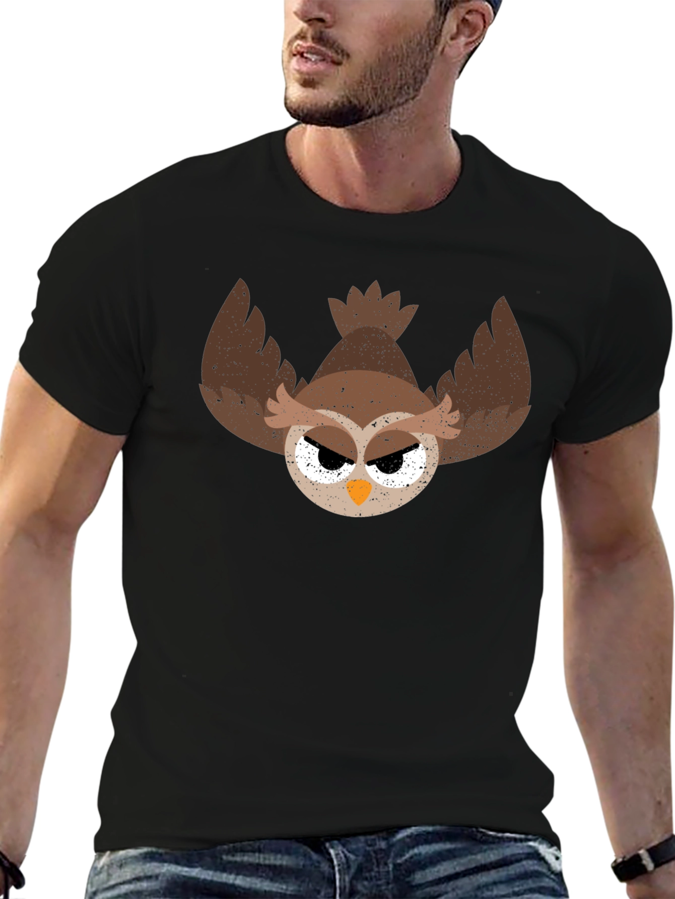 Black Grumpy Owl Graphic Tee - Men's Black T-Shirt view 6
