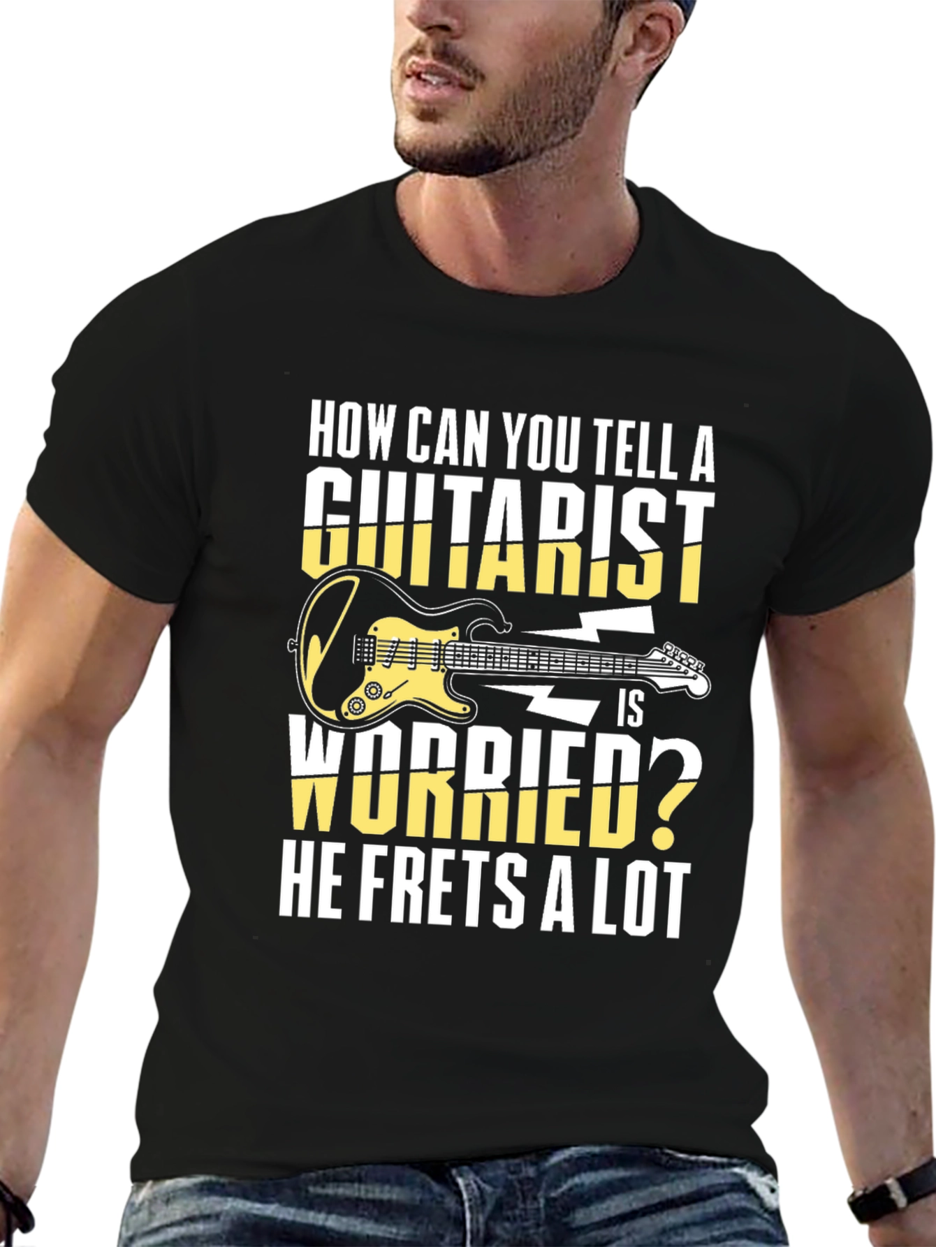 Black Guitarist Humor T-Shirt - 'He Frets a Lot' Graphic Tee view 6